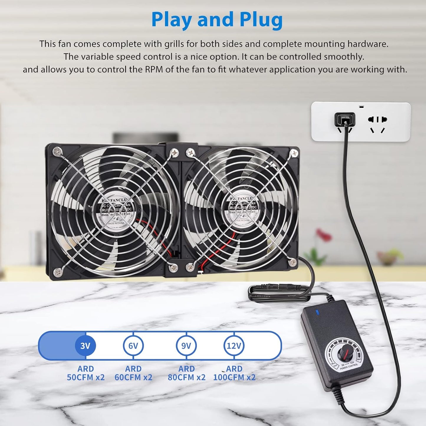 120mm 110V 240V Closet Dual High CFM Computer Fans with AC Plug, AC - Variable Speed Fan, Cooling for Server Cabinet