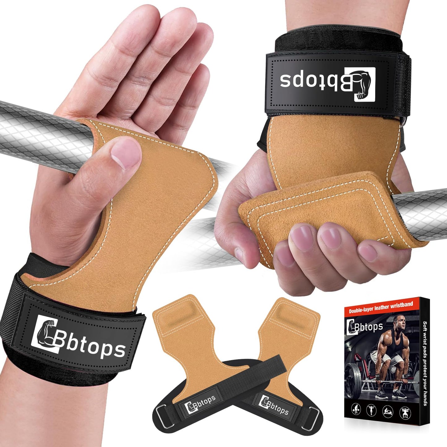 Weight Lifting Wrist Strap, Double-Layer Leather Wrist Straps for Gym Strength Training Weightlifting,Deadlift and Powerlifting, Enhance Grip Strength Neoprene Padding Gym Workout Lifting Straps for Men & Women (Pair) Brown