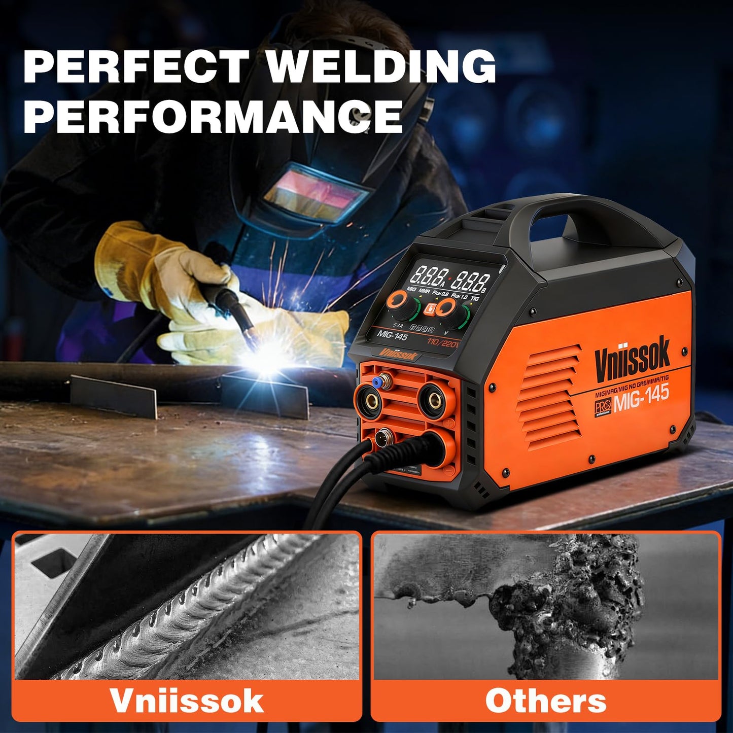 145A MIG Welder,110V/220V multiprocess welder, Gas Gasless MIG Welding Machine, 5 in 1 MIG/MMA/Lift TIG/Flux cored 0.8/Flux cored 1.0, LED Digital Display Synergic Control Aluminum Welding Machine