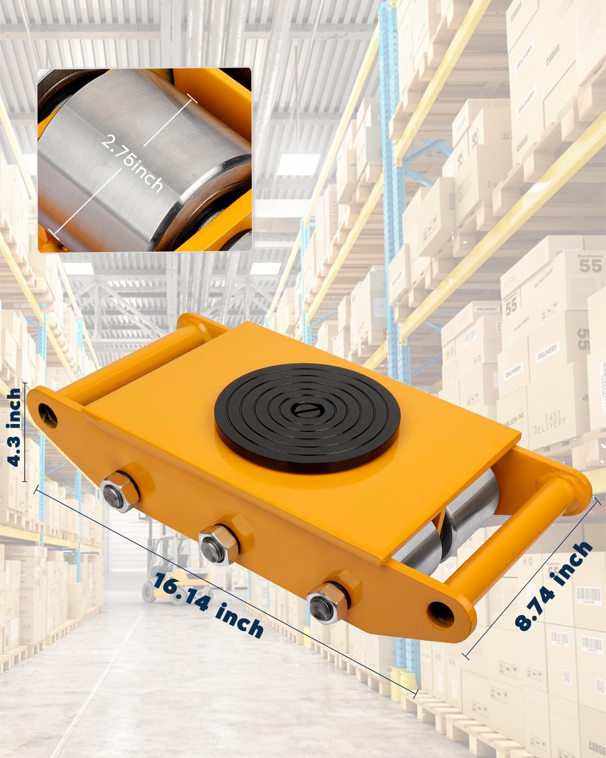 FAHKNS Machinery Moving Skate Heavy Duty Machinery Skates Cargo Mover 8T Machine Skates with 360° Rotation Cap 6 Steel Rollers for Heavy Duty Industrial Moving Equipment, Yellow