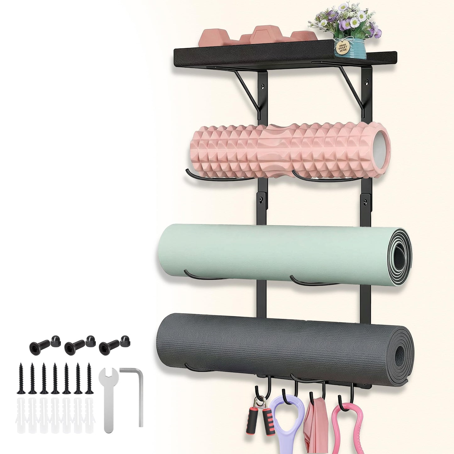 Lanasz Yoga Mat Holder Wall Mount - 4 Tier Home Gym Storage Rack with Shelf & 5 Hooks, Gym Equipment Organizer & Wall Storage for Workout Room Decor