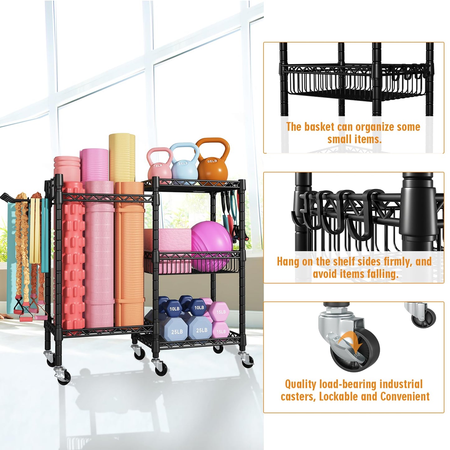 FUTASSI S2 Home Gym Storage, Rolling Yoga Mat Storage and Organizer, Sport Equipment Rack for Dumbbells, Kettlebells, Foam Rollers, Resistance Bands, 11.8" D x 36" W x 32.5" H, Black