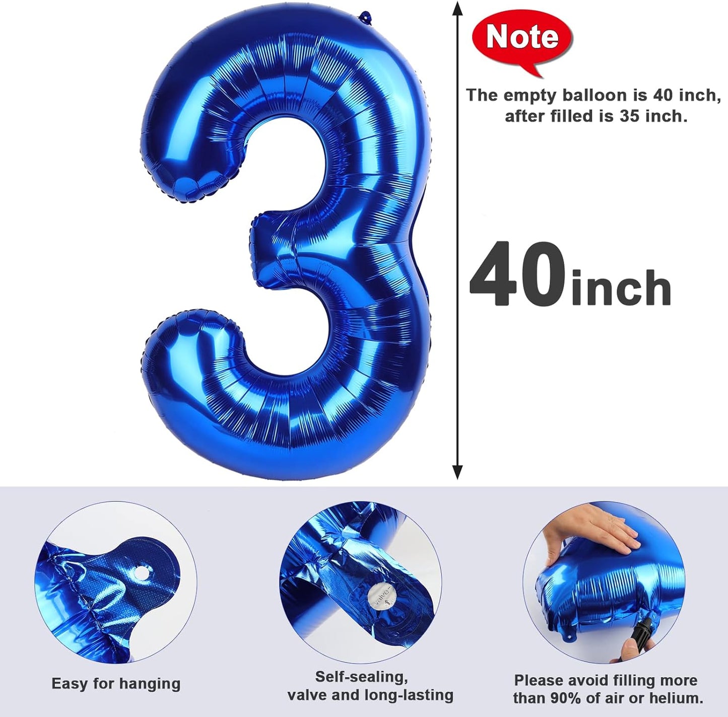 Number 3 Balloon - 40 Inch Navy Blue Birthday Decoration for Three-Year-Old Celebrations