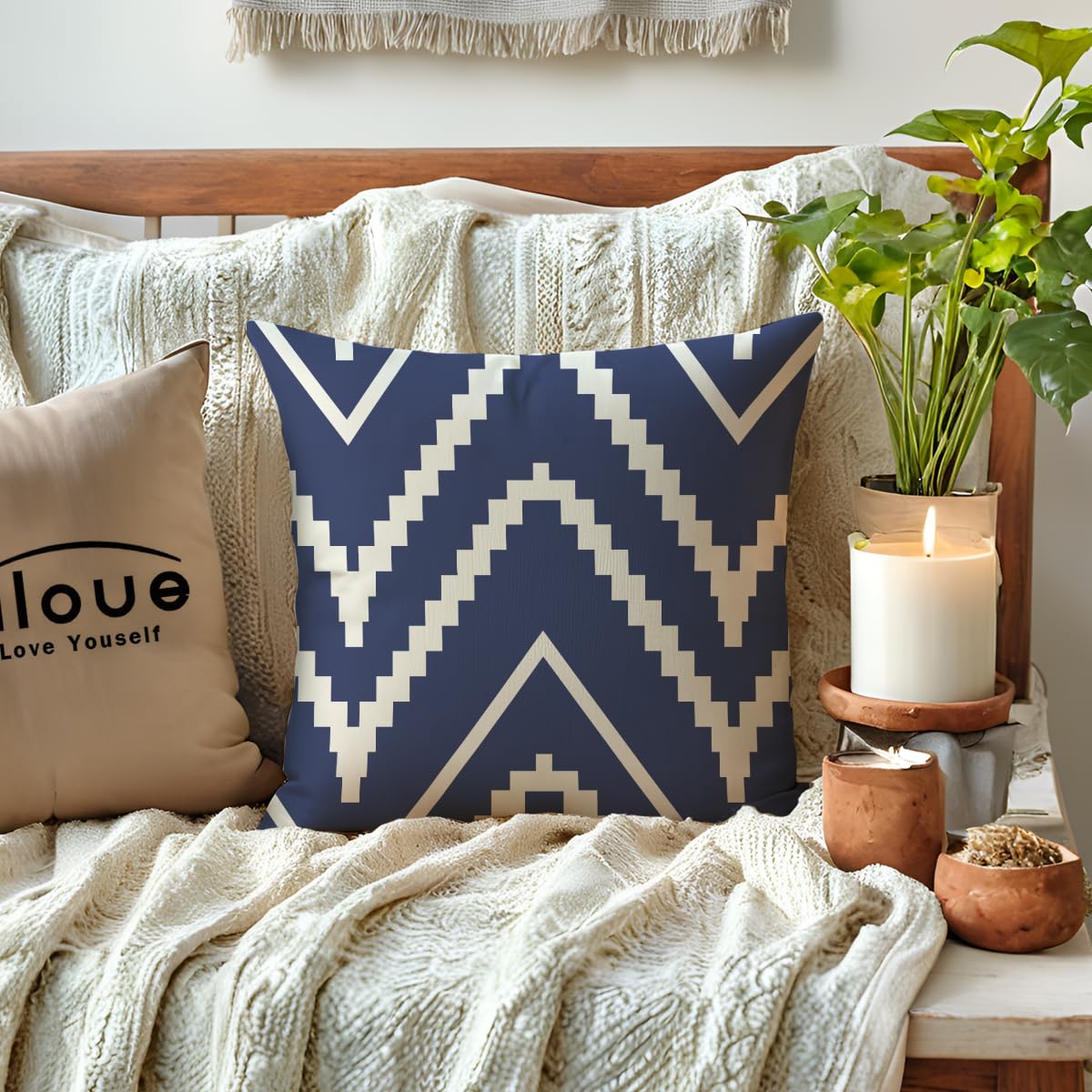 ULOVE LOVE YOURSELF Square Decorative Throw Pillows Cushion Covers Blue Beige Stripes Modern Geometry Print Home Pillowcases 18 X 18 Inch,4 Pack for Sofa Couch