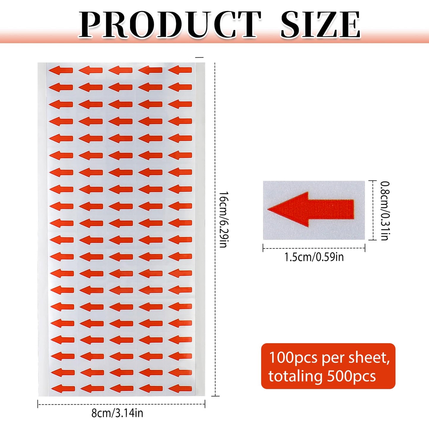 500pcs Red Arrow Stickers Small Arrow Labels Stickers 1/2 Inch Self Adhesive Arrows Vinyl Small Rectangle Arrows, (5 Sheets, 100pcs/Sheet)