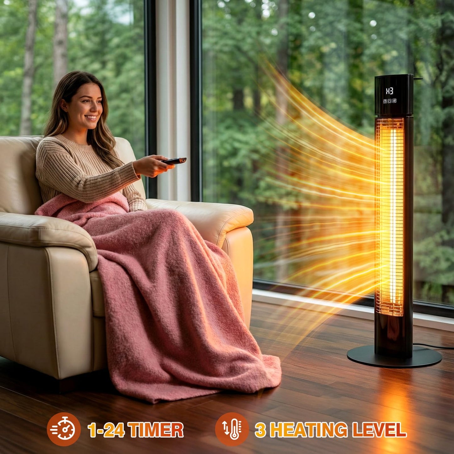 Portable Outdoot Electric Heater, Infrared Patio Heater for Outdoor/Indoor Use, garage heater electric, 1500W, BLACK