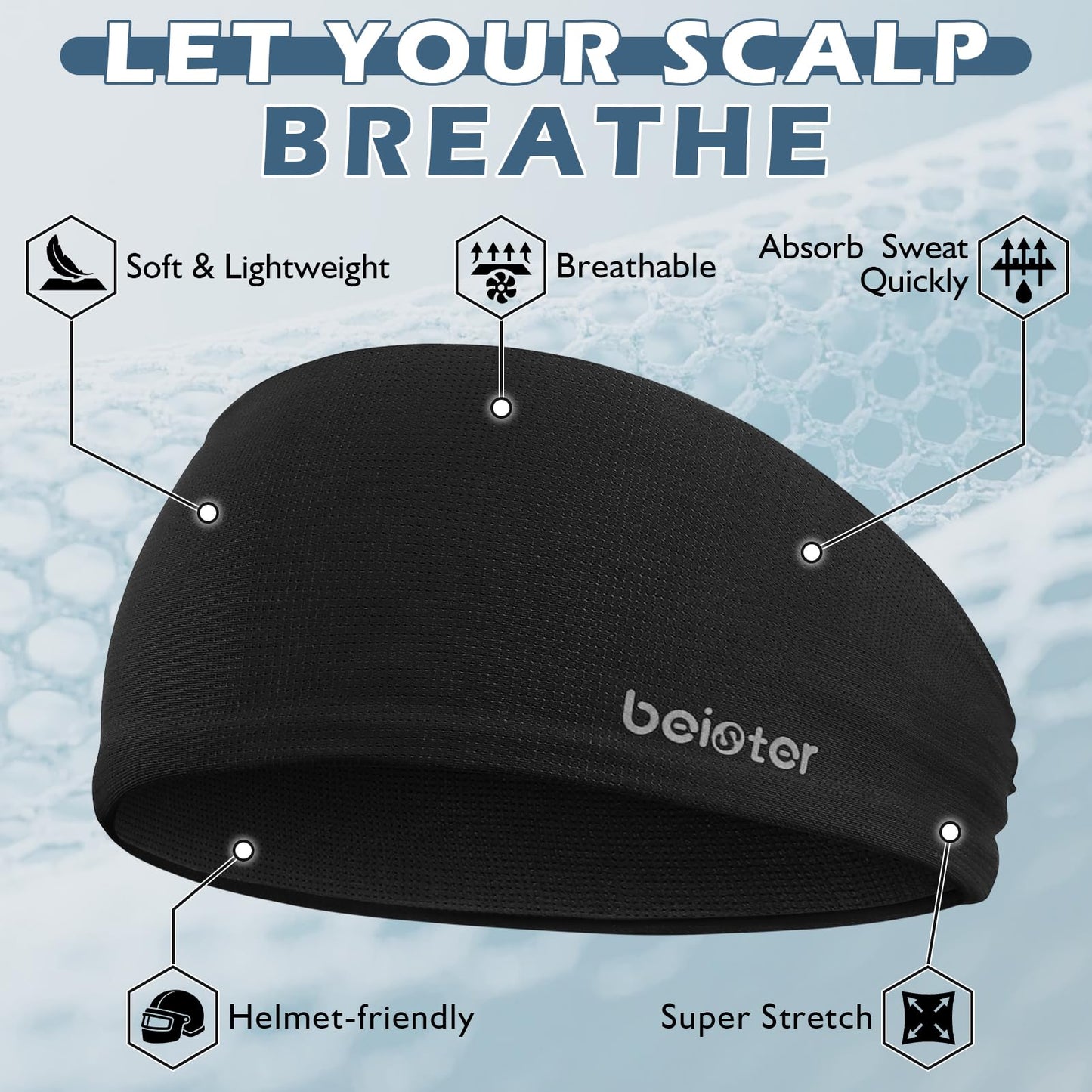 Beister Sports Headband Men & Women, Premium Sweat Wicking Workout Headband for Men, Wide Non-Slip Elastic Sweat Bands for Running, Gym Exercise, Cycling, Yoga, Soccer, Football, Basketball