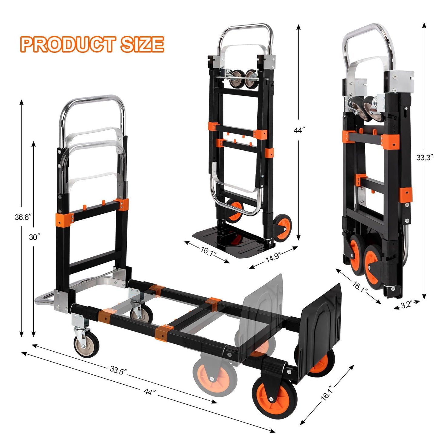 3-in-1 Aluminum Hand Truck Dolly, 660 lbs Heavy Duty Folding Trolley with Universal Wheels, Collapsible Platform Truck with Tie Down Straps for Warehouse, Supermarket, Office