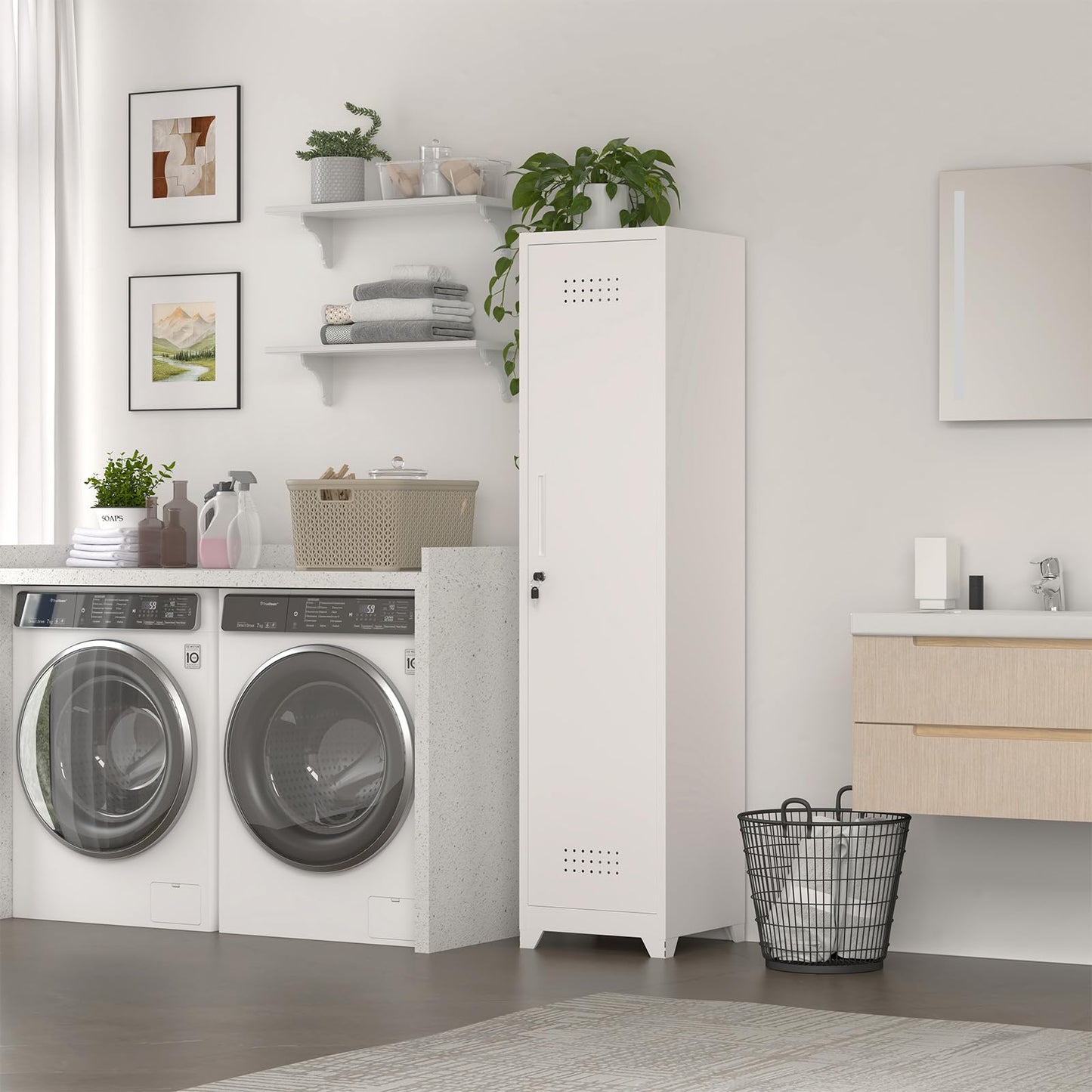 STEELIST Slim Broom Storage Cabinets, Metal Cabinet with Shelves and Hanging Rod, 15.75" W Utility Storage Cabinet with Locking Door, Slim Cabinet for Small Spaces, Kitchen, Pantry, Office, Shop