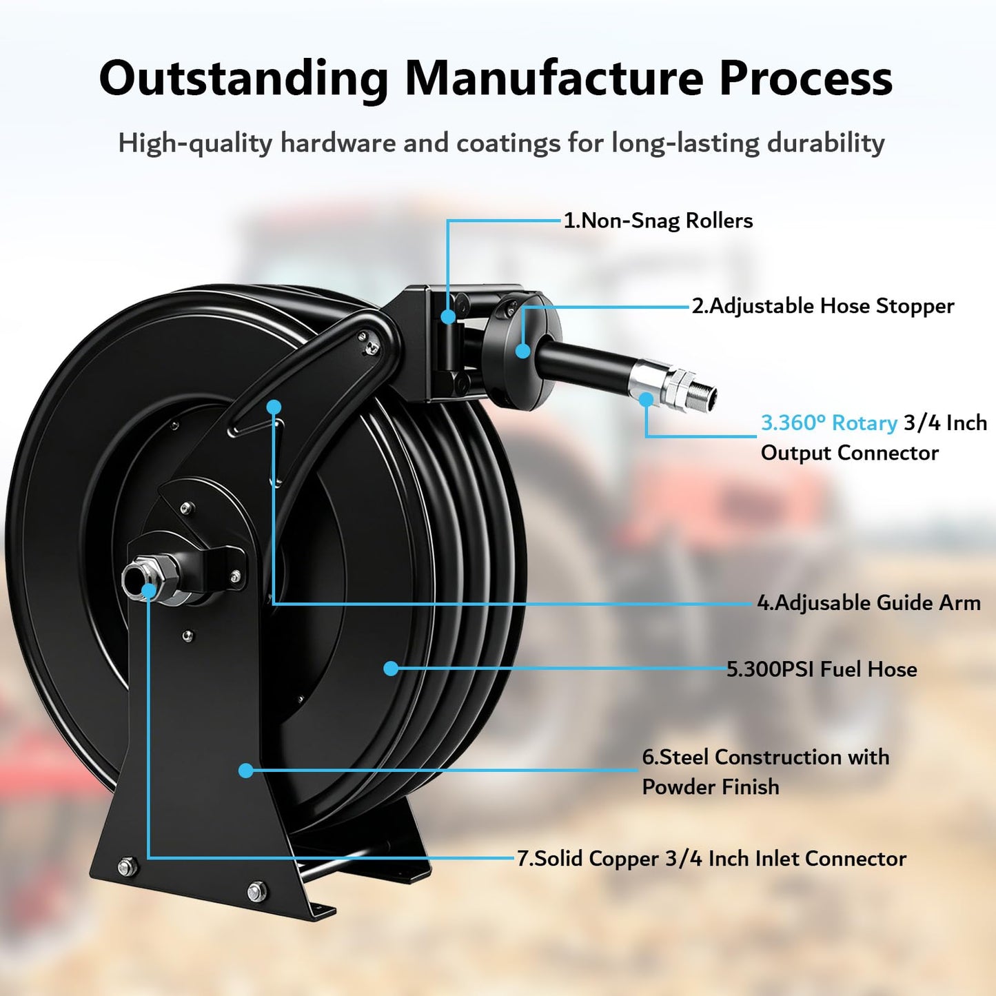 3/4" x 33ft Fuel Hose Reel Black, Extra Thick Steel, 300PSI Diesel Fuel Transfer Hose, 3/4 Inch Retractable Hose Reel with Fuel Nozzle Working with Pump & Tank