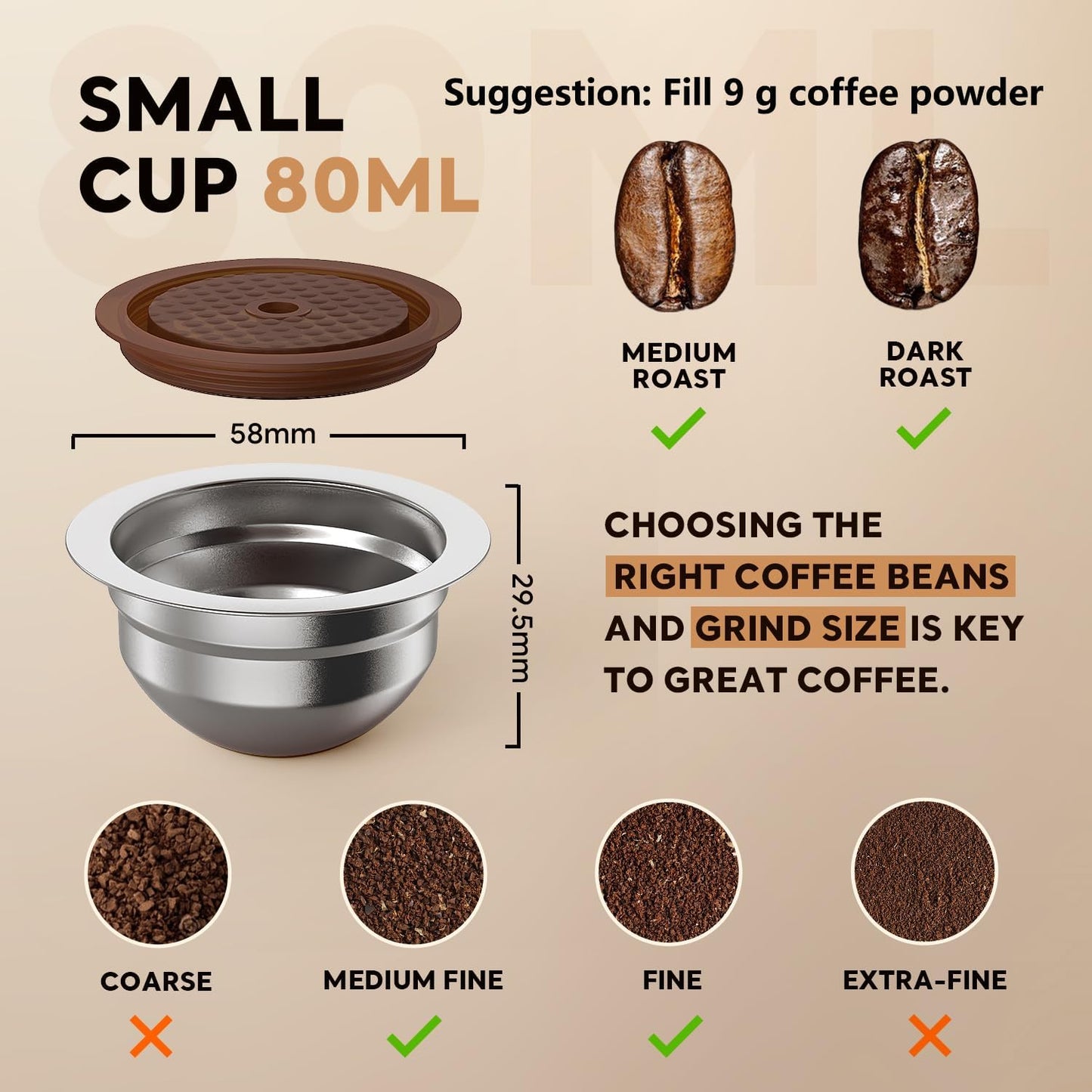 Skiennix Stainless Steel Reusable Coffee Pods - Compatible with Nespresso Vertuo | 4 Barcode Stickers & Silicone Lid (230ML)