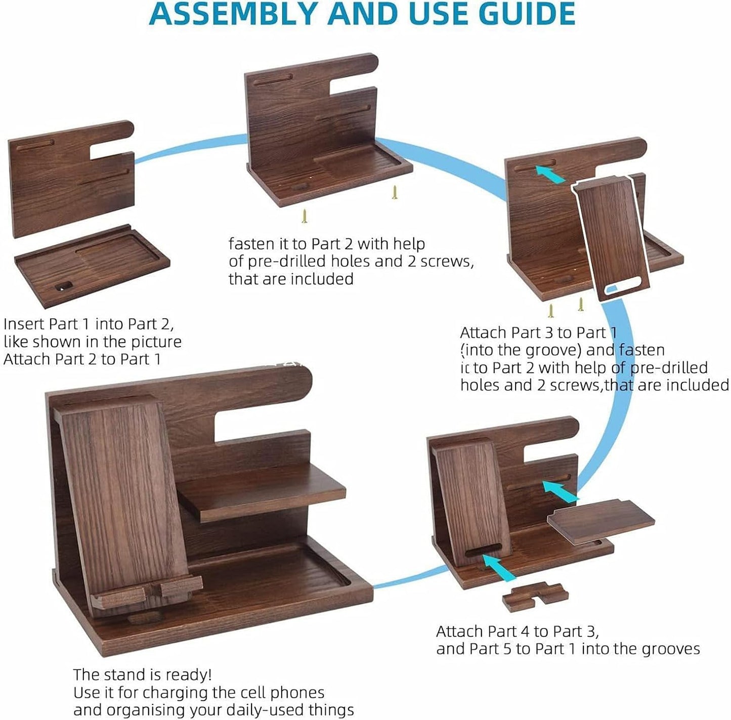 5-in-1 Wood Phone Docking Station, Desktop Organizer for Phone, Watch, Keys, Glasses & Office Supplies, Birthday Gifts