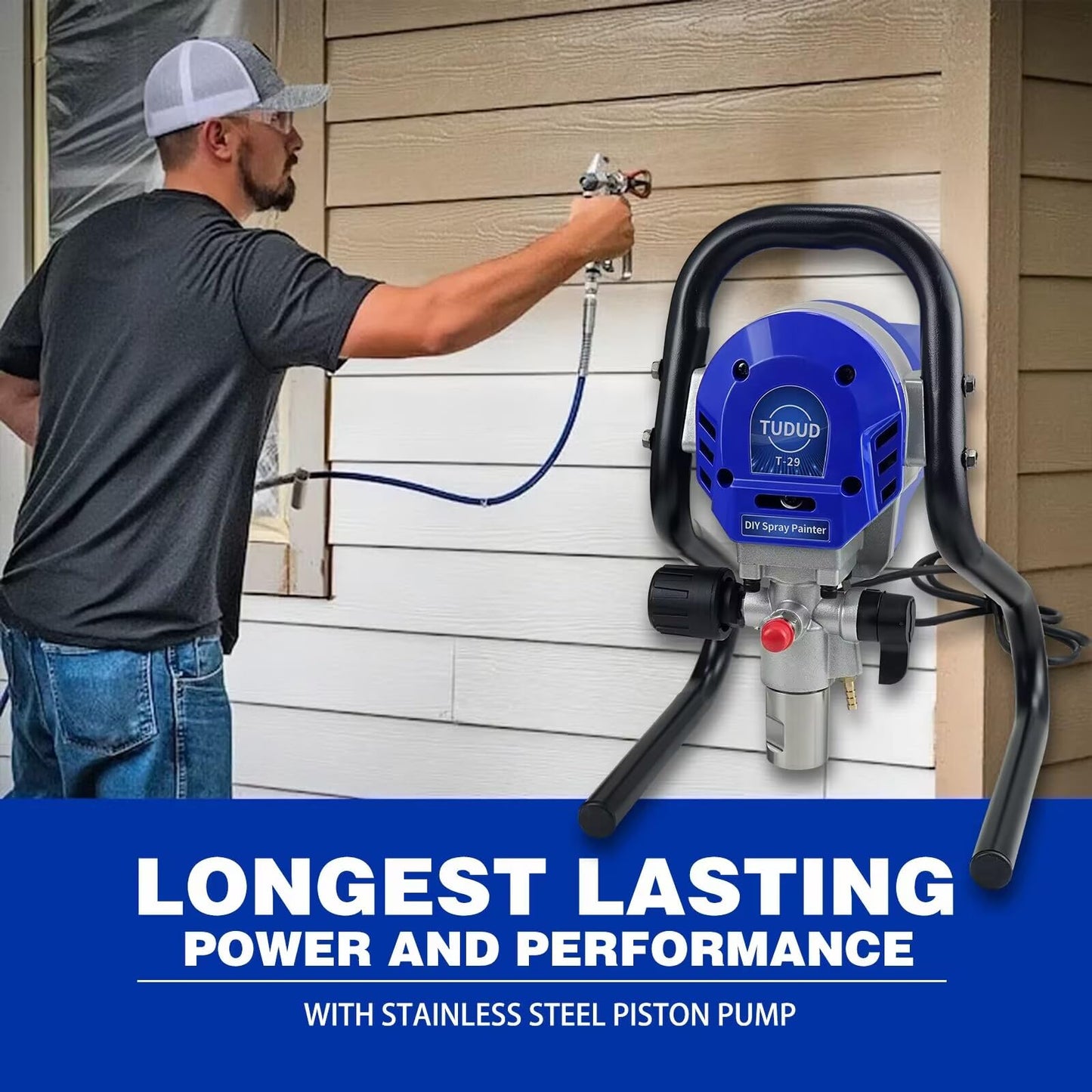 TUDUD Stand Airless Paint Sprayer, High Efficiency Airless Spraying Machine with Low Overspray, 3000PSI 750W Spray Painter for DIY House, Wall and Fences Painting, blue