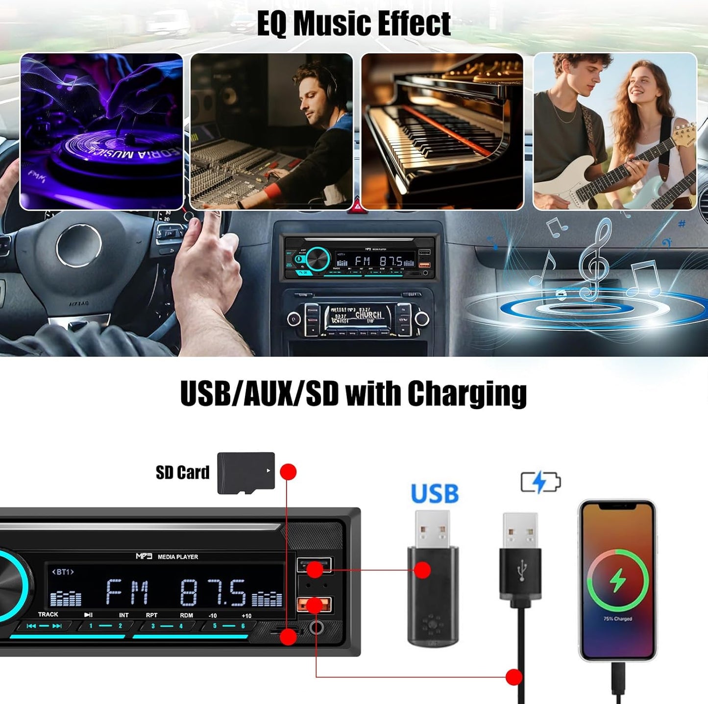 SIXTOP MP3 Single Din Bluetooth Car Radio Stereo Hands-Free Calls Push to Talk Voice Assistant Multimedia Audio System