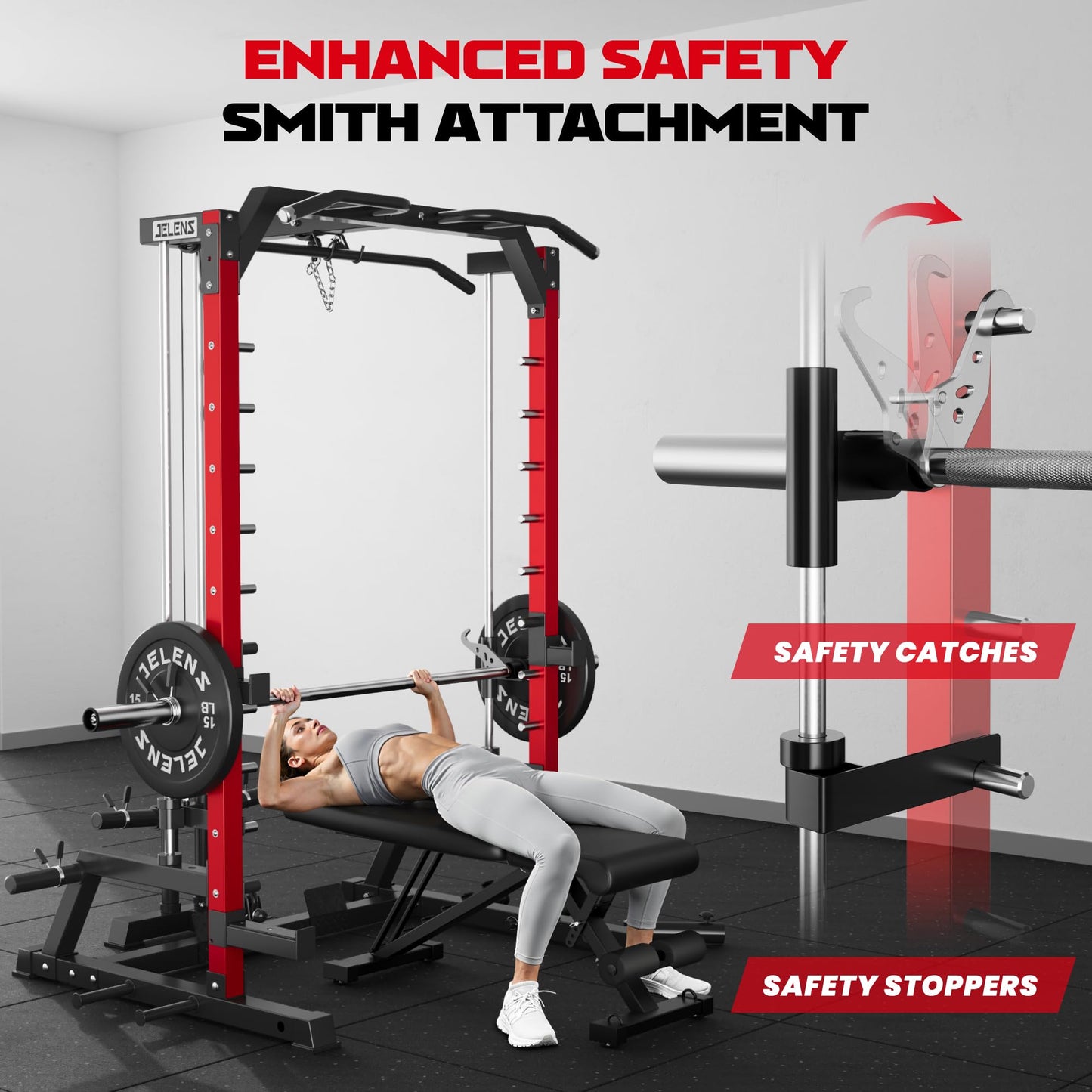 JELENS SR01 Smith Machine, 2000LBS Multi-Function Power Cage with LAT Pulldown System, All-in-One Home Gym Squat Rack with Smith Bar and Training Attachments (Red, SR01 Smith Machine)