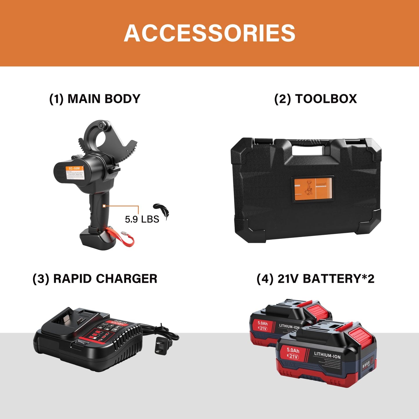 21V Battery Ratcheting Cable Cutters Cordless Heavy Duty Electric Wire Cutters(1000 MCM Copper/1250 MCM Aluminum) Electrical Ratchet Portable Cable Cutter with Comfort Grip Handle, Alloy Steel Blades