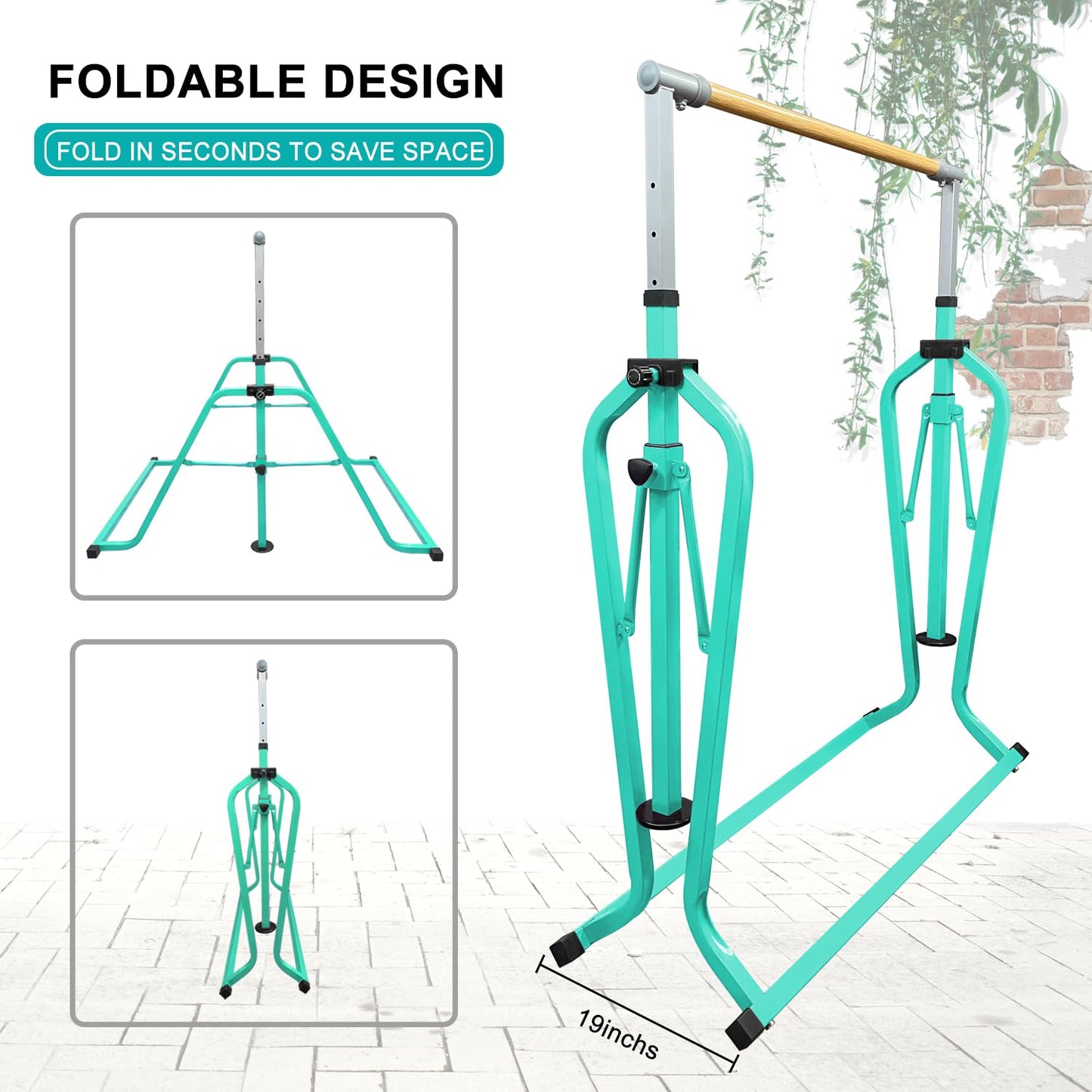 kechery Foldable & Moveable Gymnastics Horizontal Bar with Rings,3’to 5’Adjustable Height Expandable Junior Kip Bar for Home,Indoor Gym Equipment for Kids (Foldable Teal with Rings)