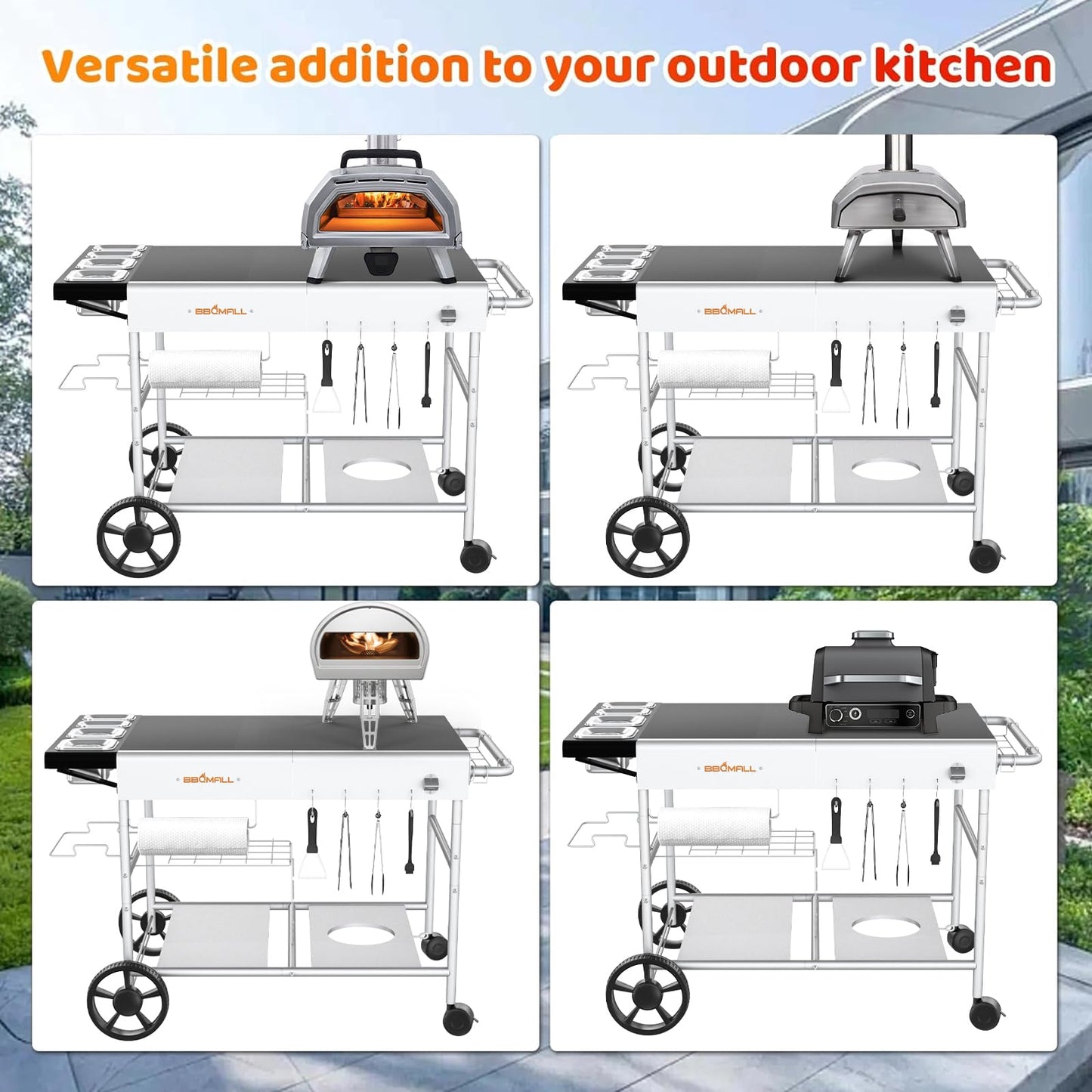 Pizza Oven Table Grill Cart with Topping Station, Grill Table Stand with Wheels for Ninja, Blackstone Griddle, Ooni, Gozney, Cuisinart, Heavy Duty BBQ Prep Cart with Storage Shelf and Hooks