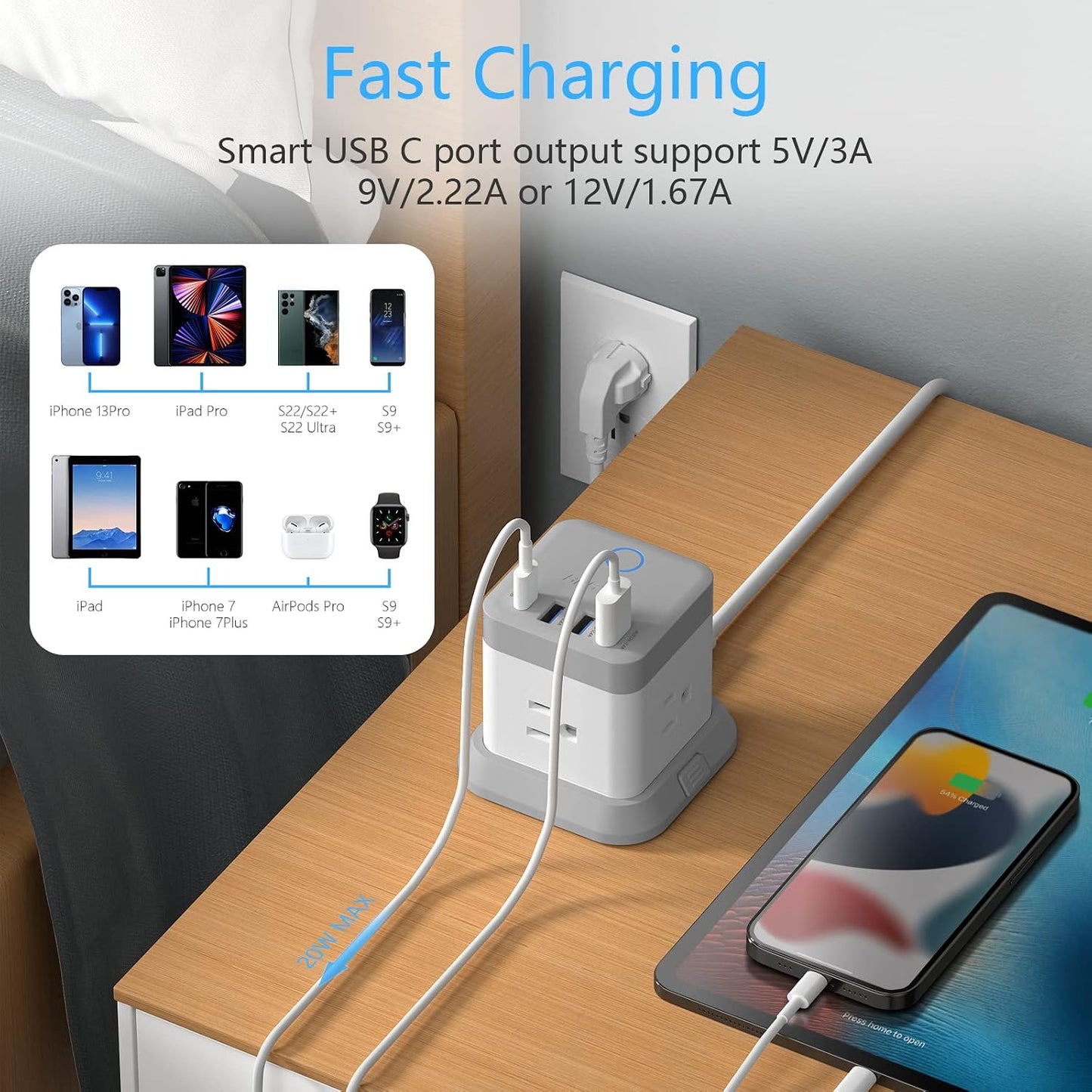 BESTEK 20W 3 3 5ft European Travel Plug Adapter, Power Strip with USB C PD and USB Ports, Side Wide Outlet Extender, EU