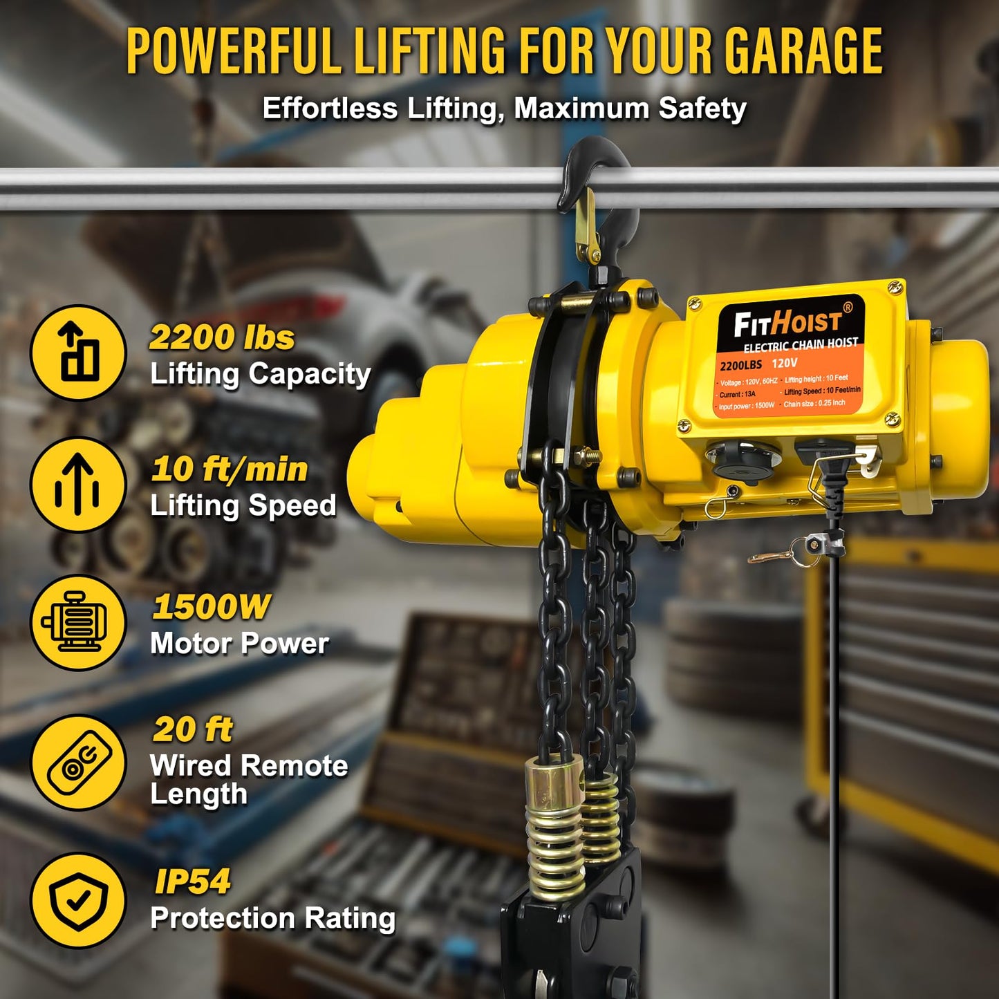 FITHOIST Electric Chain Hoist 1 Ton, 2200 lbs Capacity, 10 ft Lift Height, 1500W Motor, G80 Chain, 20 ft Wired Remote with Emergency Stop, 120V Hoist Lift for Garage, Workshop, Farm