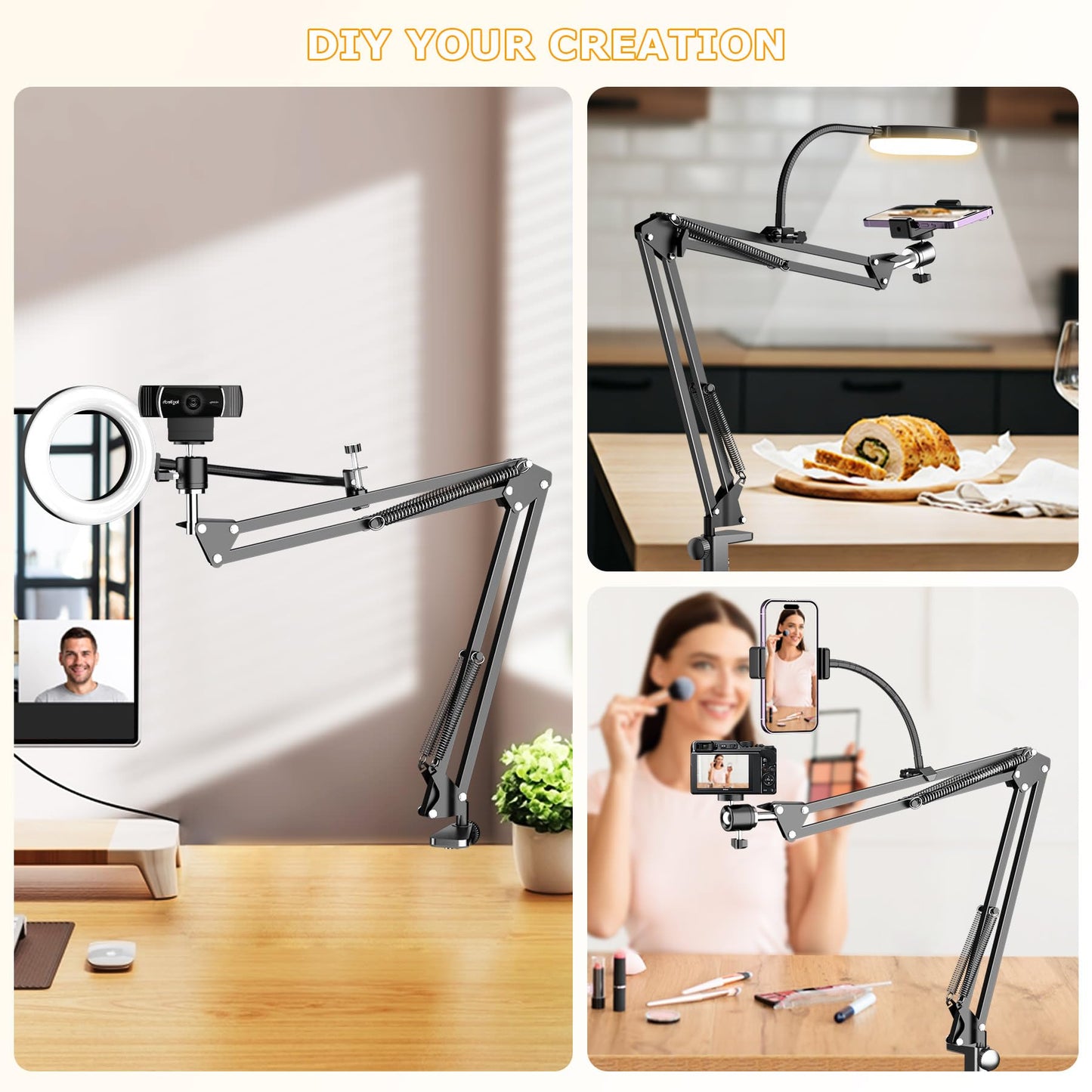 Overhead Camera Mount with Ring Light, Flexible Articulating Phone Arm Stand Compatible with iPhone, Logitech Webcam, Desk Tripod for YouTube Live Stream Cooking Nail Video Recording