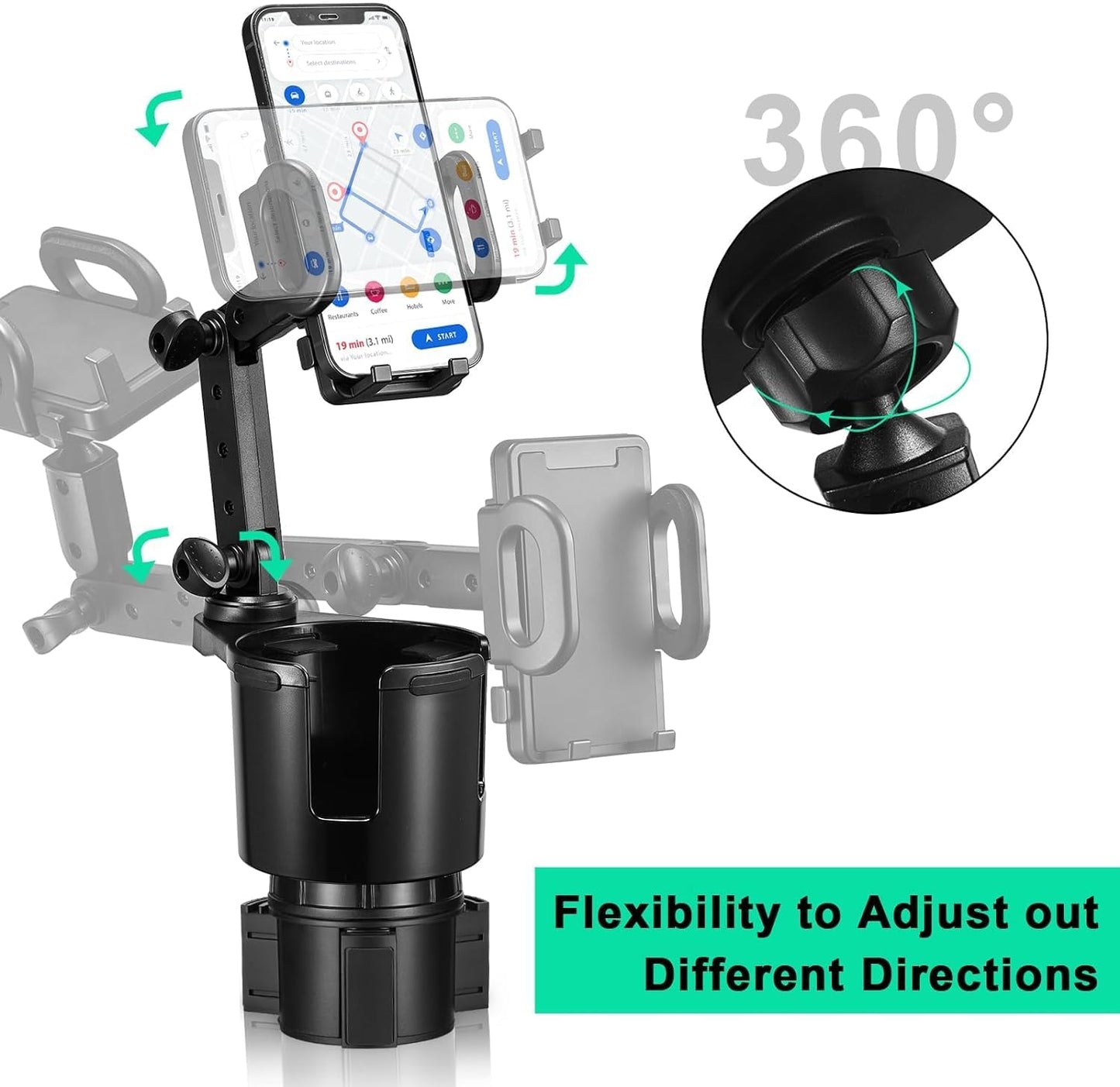 2-in-1 360 17 4.13", 3.78" This Hill Car Cup Holder Expander with Adjustable Base & Rotating Phone Mount, Compatible