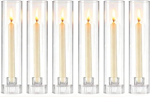 Hurricane | Taper Candle Holders - Set of 6 Clear Glass Candlesticks, 11.8" Tall for Elegant Decor