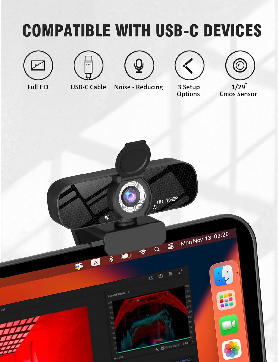 Tewiky 1080P Full HD Webcam with Built-in Microphone and Rotatable Tripod, Video and Wide Angle Camera, Privacy Cover