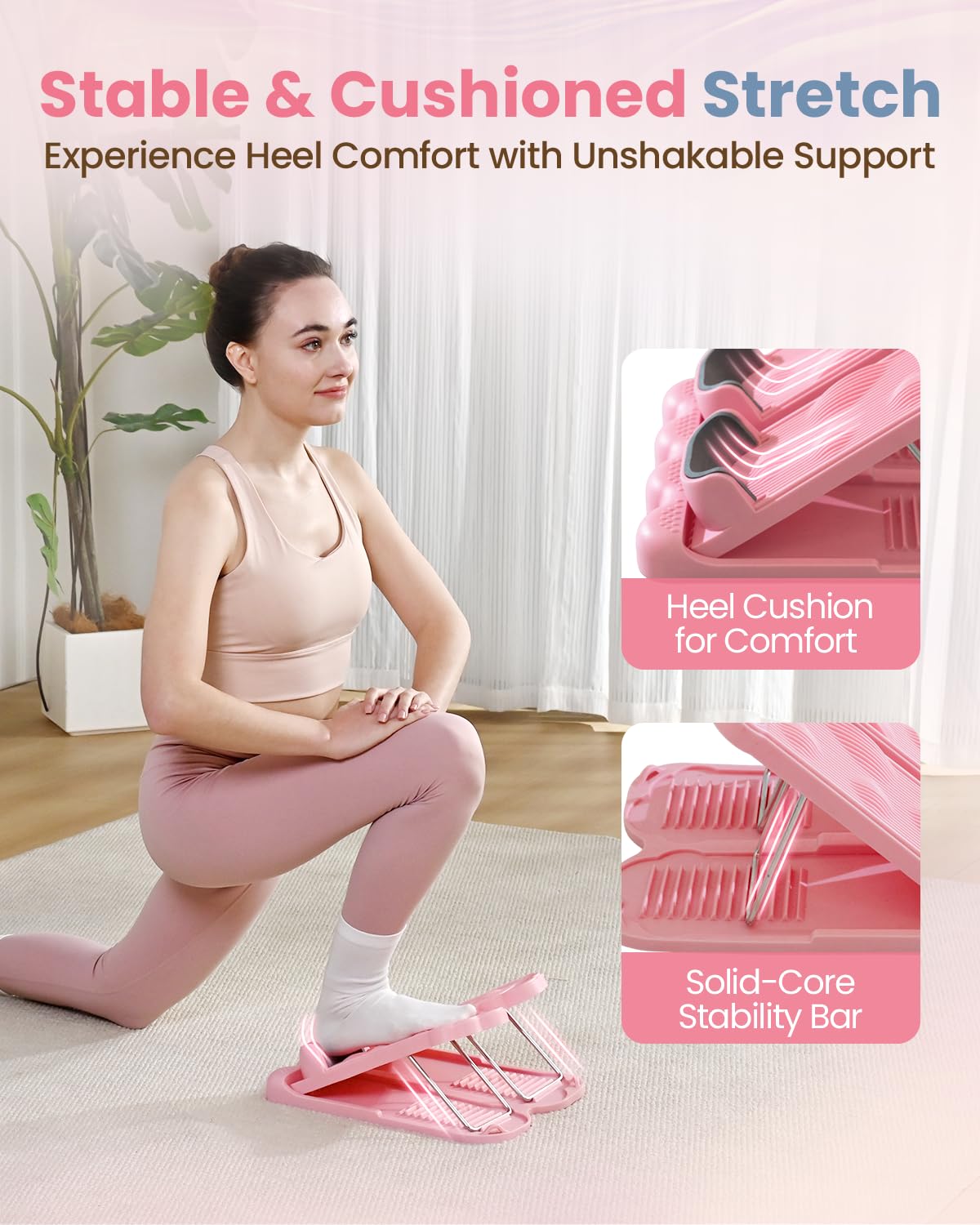 kisnbld 3-in-1 Slant Board & Calf Stretcher, 12-Level Adjustable Incline Board with Integrated Foot Massager & Resistance Bands, Calf Stretch Board for Pain Relief & Balance Exercise Trainer, Pink