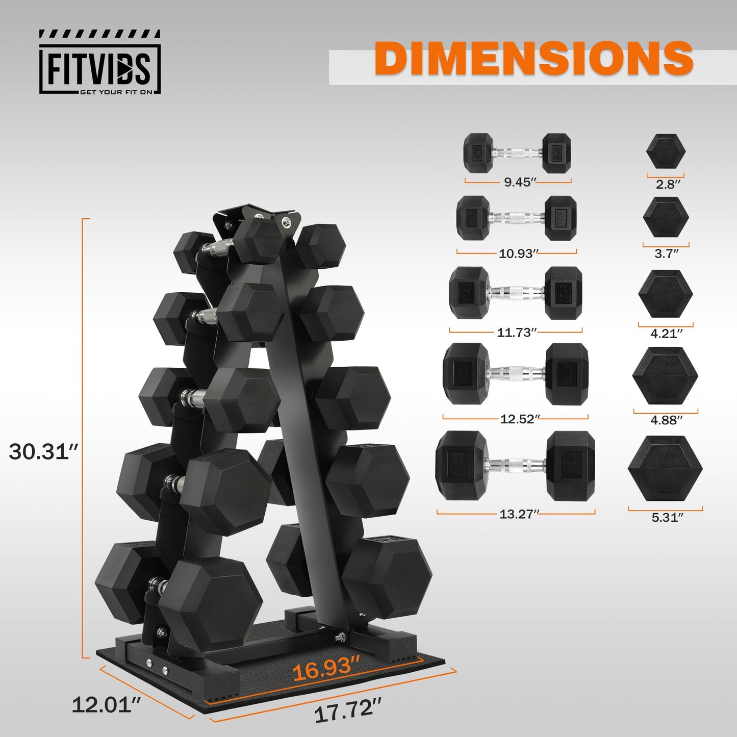 Fitvids Rubber Encased Hex Dumbbell Weight Set and Storage Rack, 150 LB (5-25lbs Pairs)