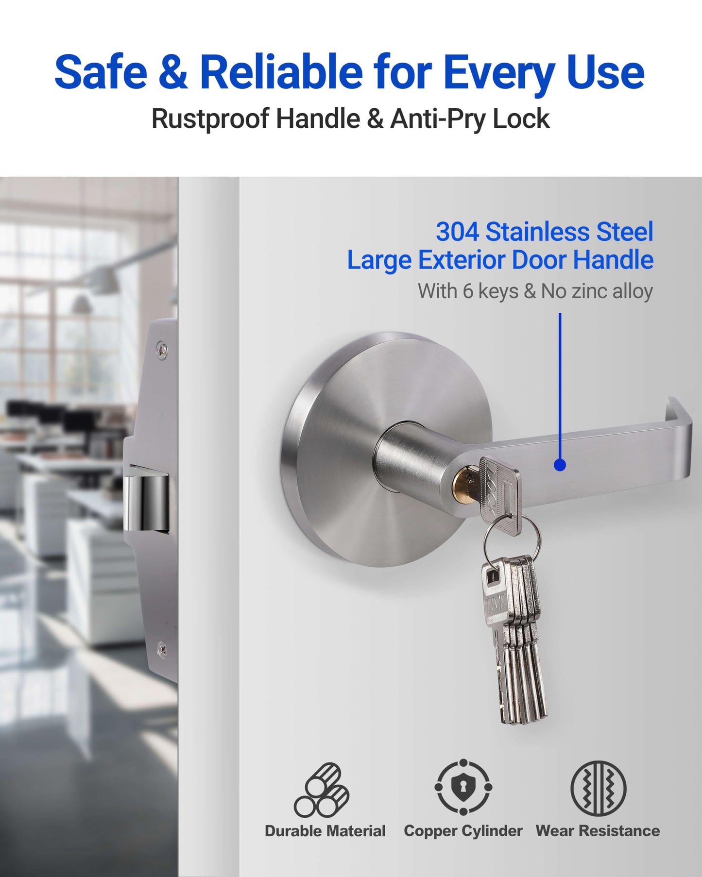 31" Commercial Push Bar Panic Exit Device -All 304 Stainless Steel Panic Bars for Exit Doors with Exterior Lever (6 Keys)- Emergency Exit Panic Door Hardware for 31"-48" Wooden/Metal Doors-HM-750A