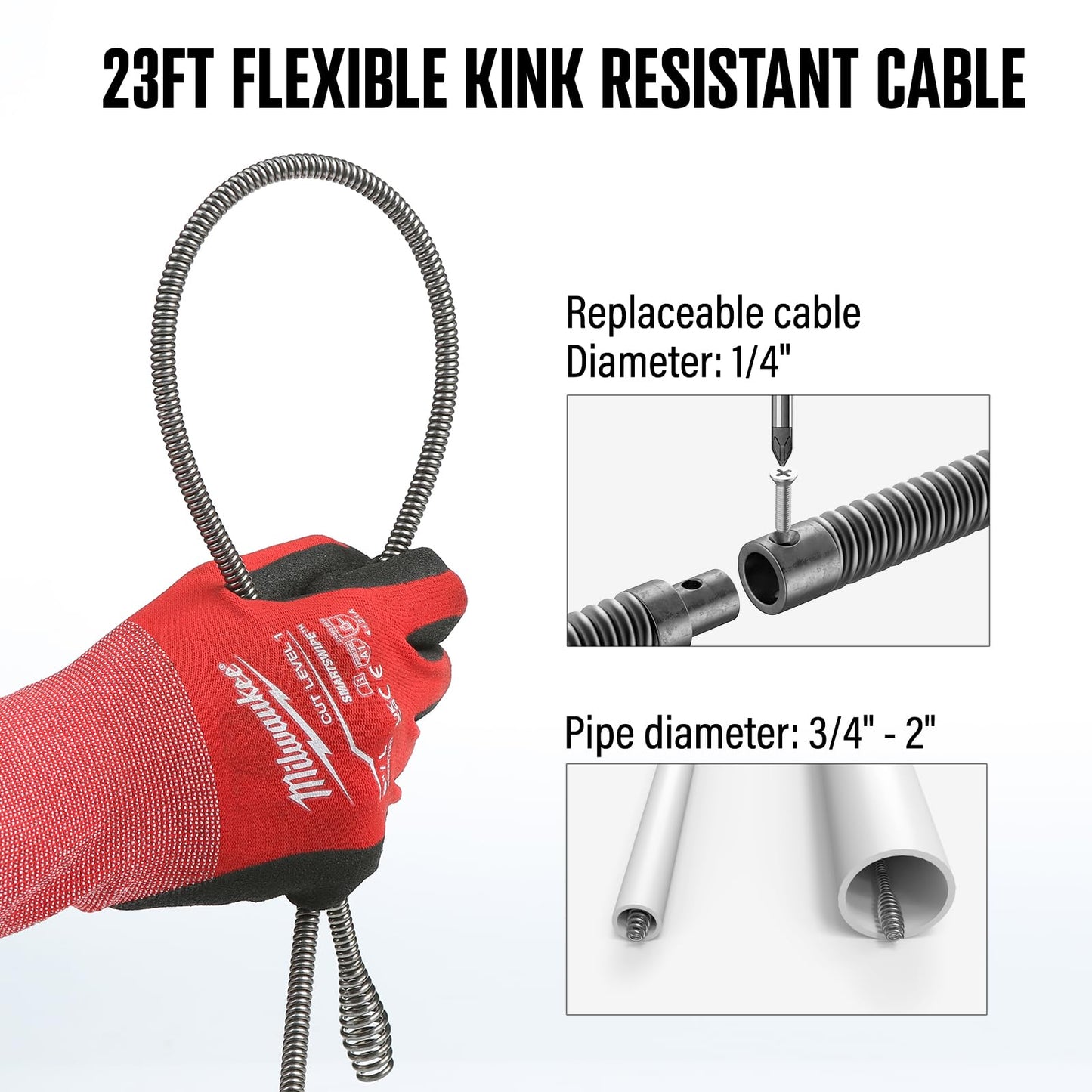 POPULO 120V Auto Feed Drain Auger,23 FT Drain Snake Suitable For 3/4"-2" Pipes For Unclogging Sinks,Shower Floor Drain and Outdoor Drain Pipe.Plumbers Snake Cleaner Include Glove,Cloth Bag