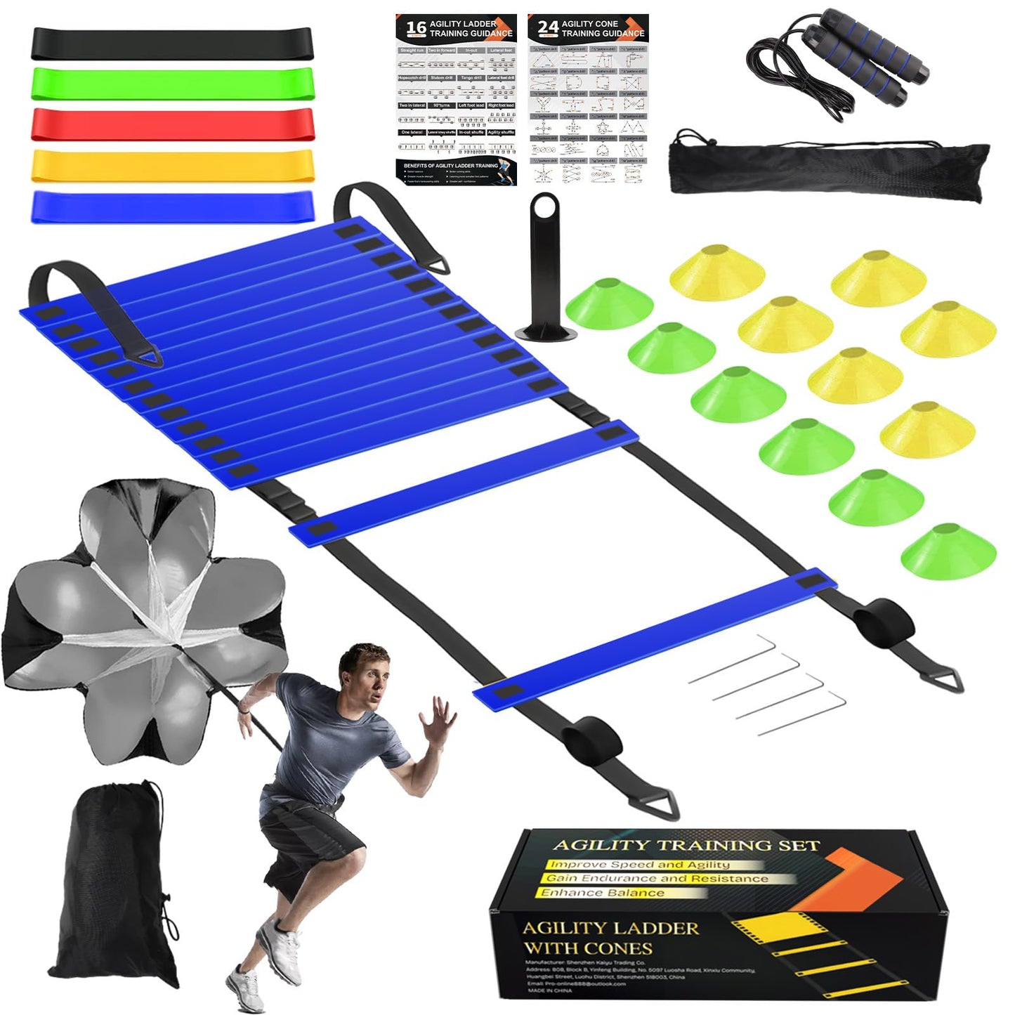 grestar Speed Agility Training Equipment Set, Blue Agility Ladder 20ft, 12 Football Cones, Resistance Running Parachute, Jump Rope, 5 Resistance Bands, Football Soccer Fitness Drills for Kids Adults