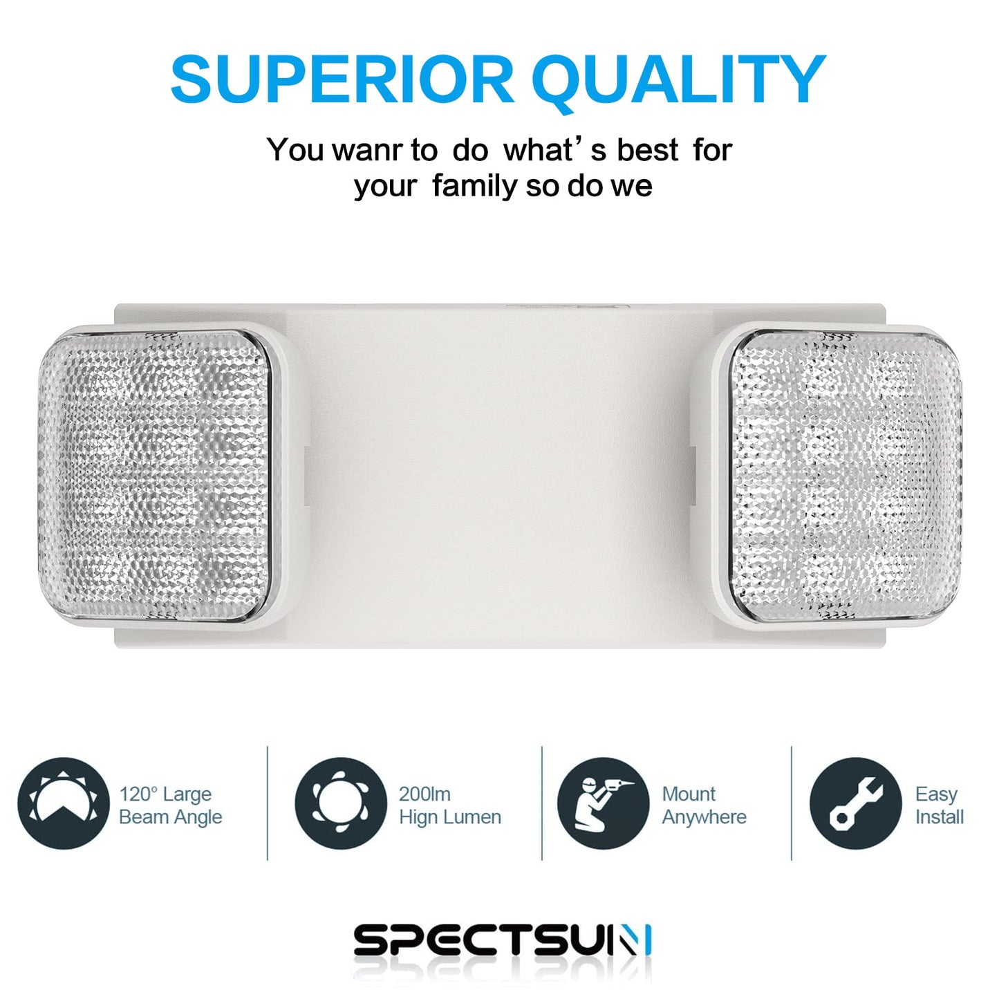 Spectsun Lighting 1 Pack Commercial Emergency Light with Battery Backup, Emergency Lights for Business-Hard Wired, UL 924 Certified,AC 120/277V,Two Head Adjustable LED Emergency Lighting.