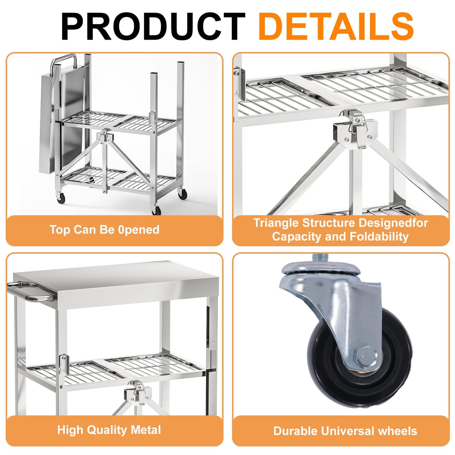 Stainless Steel Foldable Rolling Kitchen Cart with 3-Tier Shelves, 300LB Capacity, Wheels & Foldable Design, Top Worktable for Food Prep, Ideal for Kitchen, Restaurant, Warehouse, Outdoor & Hotel Use