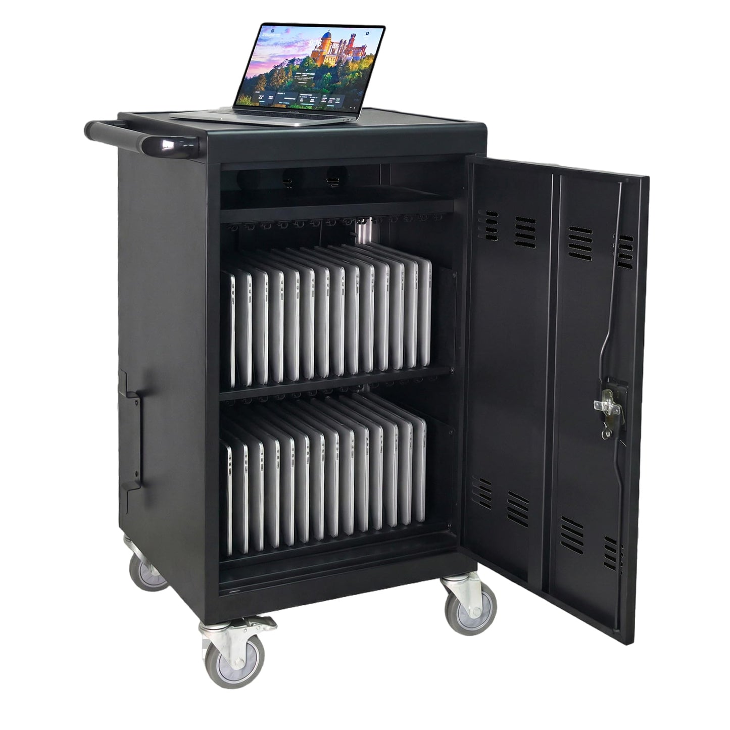 30-Device Mobile Charging Cart with Charging Power Strip and Front and Rear Access Locks, Cable Management, Up to 16.3", Safe Charging Cabinet for Ipads, Chromebooks, Tablets, Laptops Black
