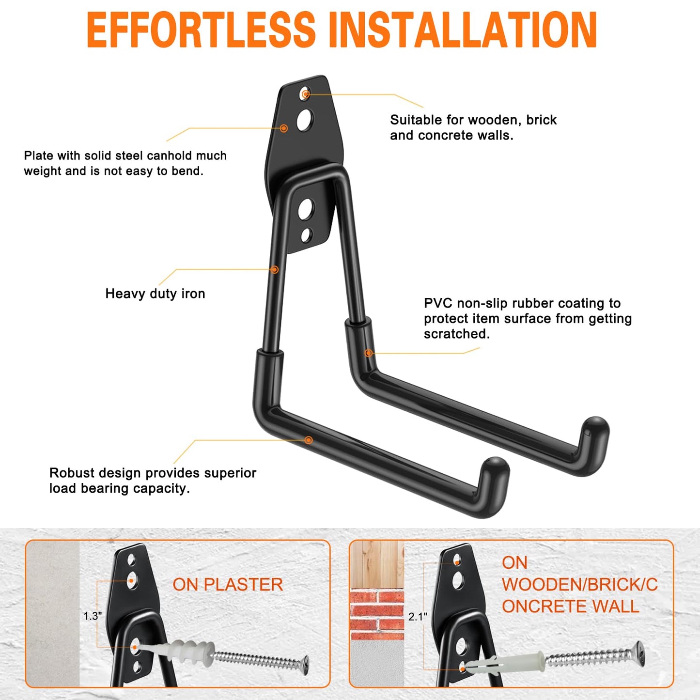 HUPBIPY Heavy Duty Garage Hooks 4 Pack, 5.1 inch Medium U Shaped Hanger, Wall Mounted Storage System, Power and Garden Tool Organizer, for Hanging Ladders, Hose, Bulk Items and More