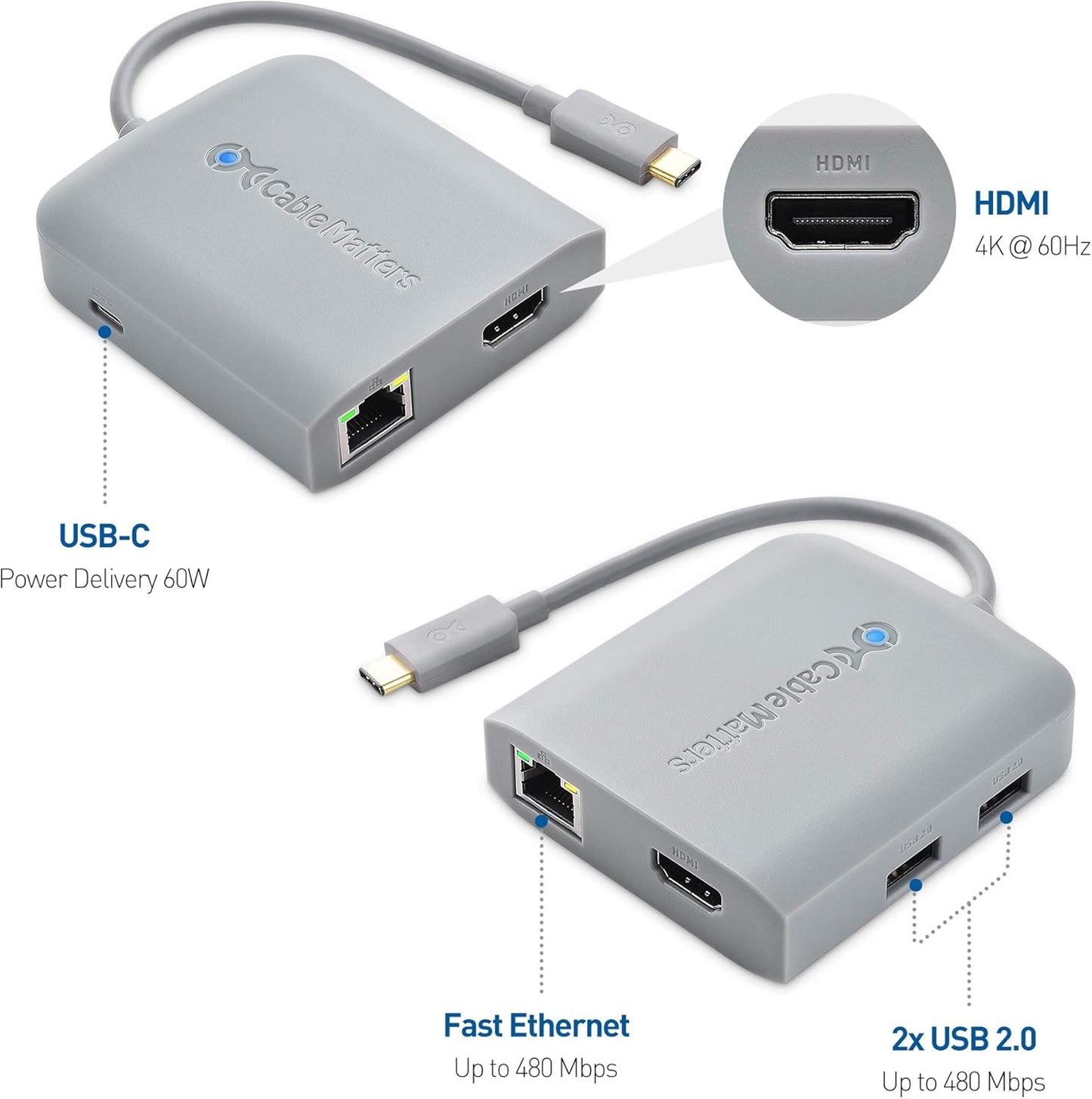 Cable Matters 4K 2X 2.0, 480Mbps 60W [Works with Chromebook Certified] USB C Hub Multiport Adapter with HDMI, USB