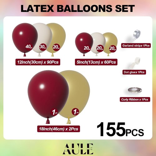 AULE Burgundy Balloon Arch Kit - 155 Pcs Balloon Garland for Birthday, Wedding & Party Decor