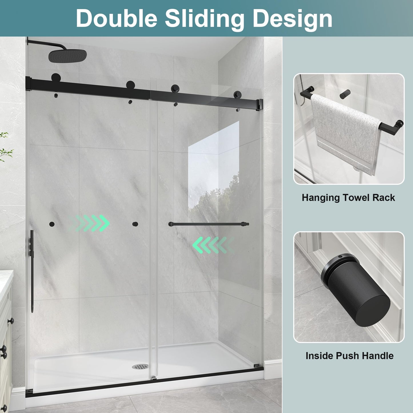 KPUY Frameless Shower Door, 49-54" W x 76" H Double Sliding Glass Shower Door, 1/4" (6mm) Thick Tempered Clear Glass with Explosion-Proof Film Nano Coating, Matte Black