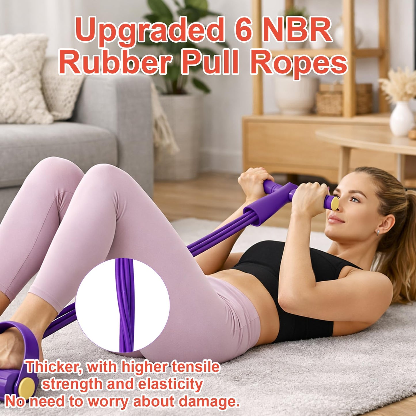 Pedal Resistance Band with Handle, Multifunction Foot Pedal Resistance Band, Full Body Resistance Bands for Home Workout and Office Exercise, Purple 6-Tube Pedal Resistance Band