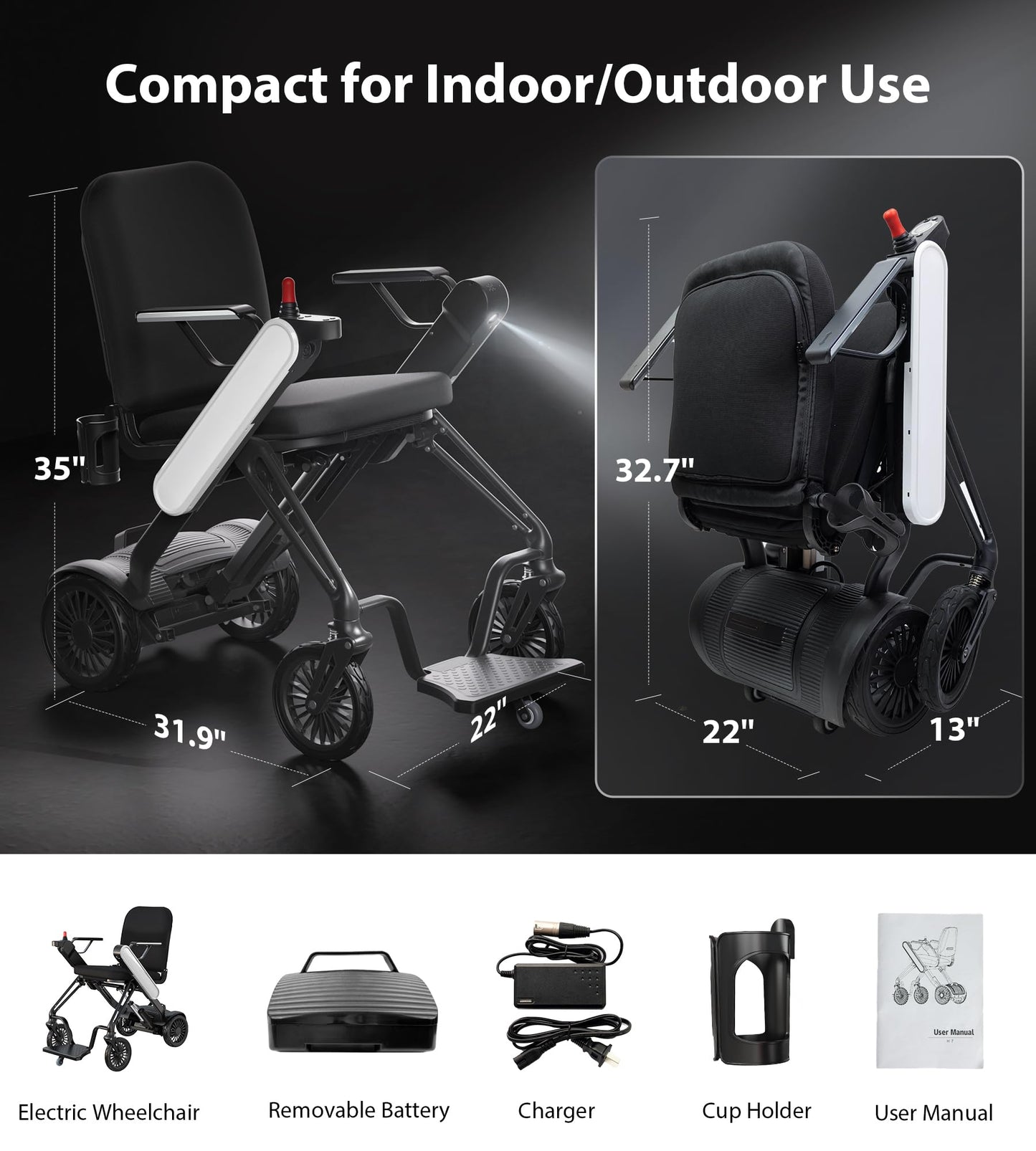Goldseason Auto Folding Electric Wheelchairs for Adults - Smart APP Remote Control, 15 Miles Range Ultra Lightweight Motorized Wheelchair with Display Screen & Removable Battery, Airline Approved