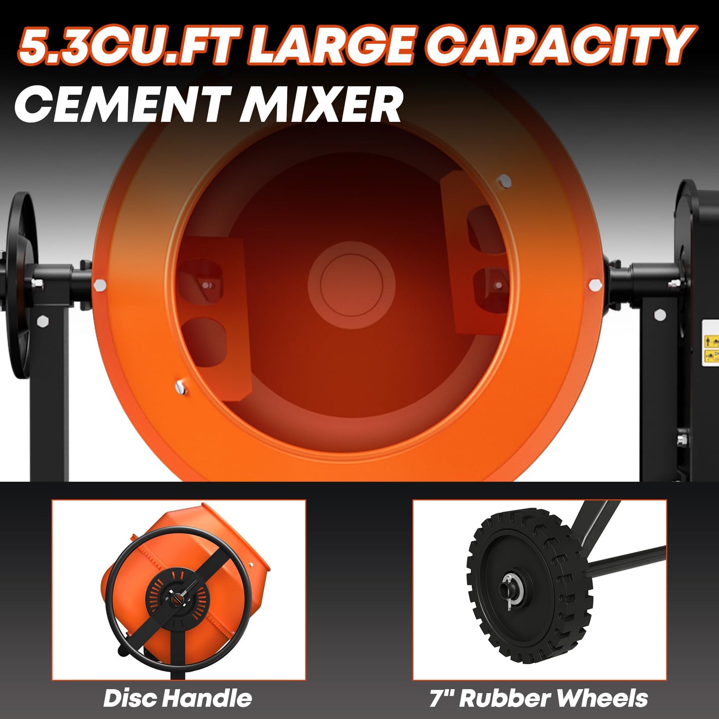 Concrete Mixer Machine 5.3 Cu.Ft. – 750W 1HP Heavy Duty Portable Industrial Cement Mixing Machine with Wheel & Stand for Stucco, Mortar, Seeds, Orange