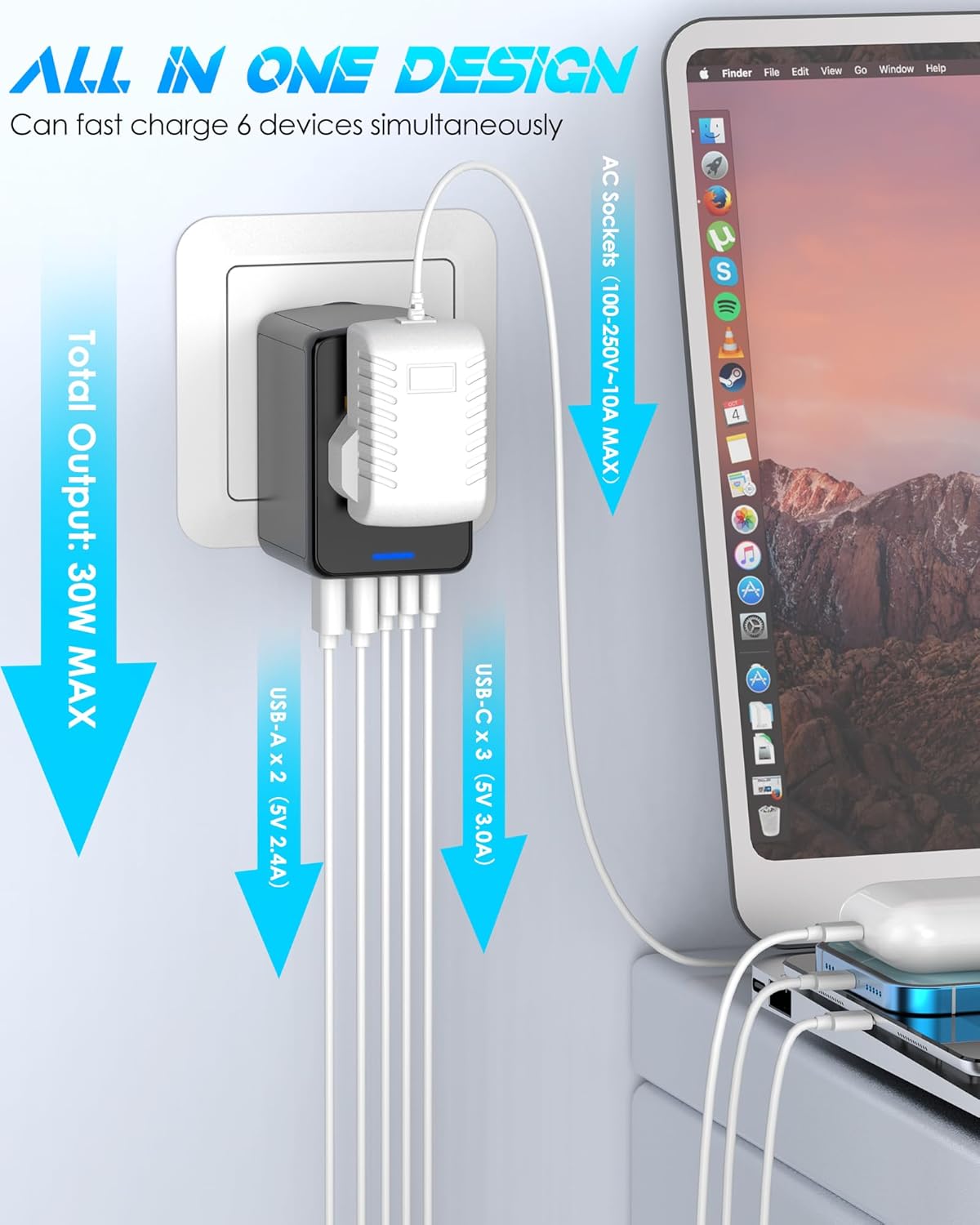 URJD 6.0A 30W 5 2500W 110V 220V 200+ Countries Universal Travel Adapter, USB C/A Ports + AC Outlets, International