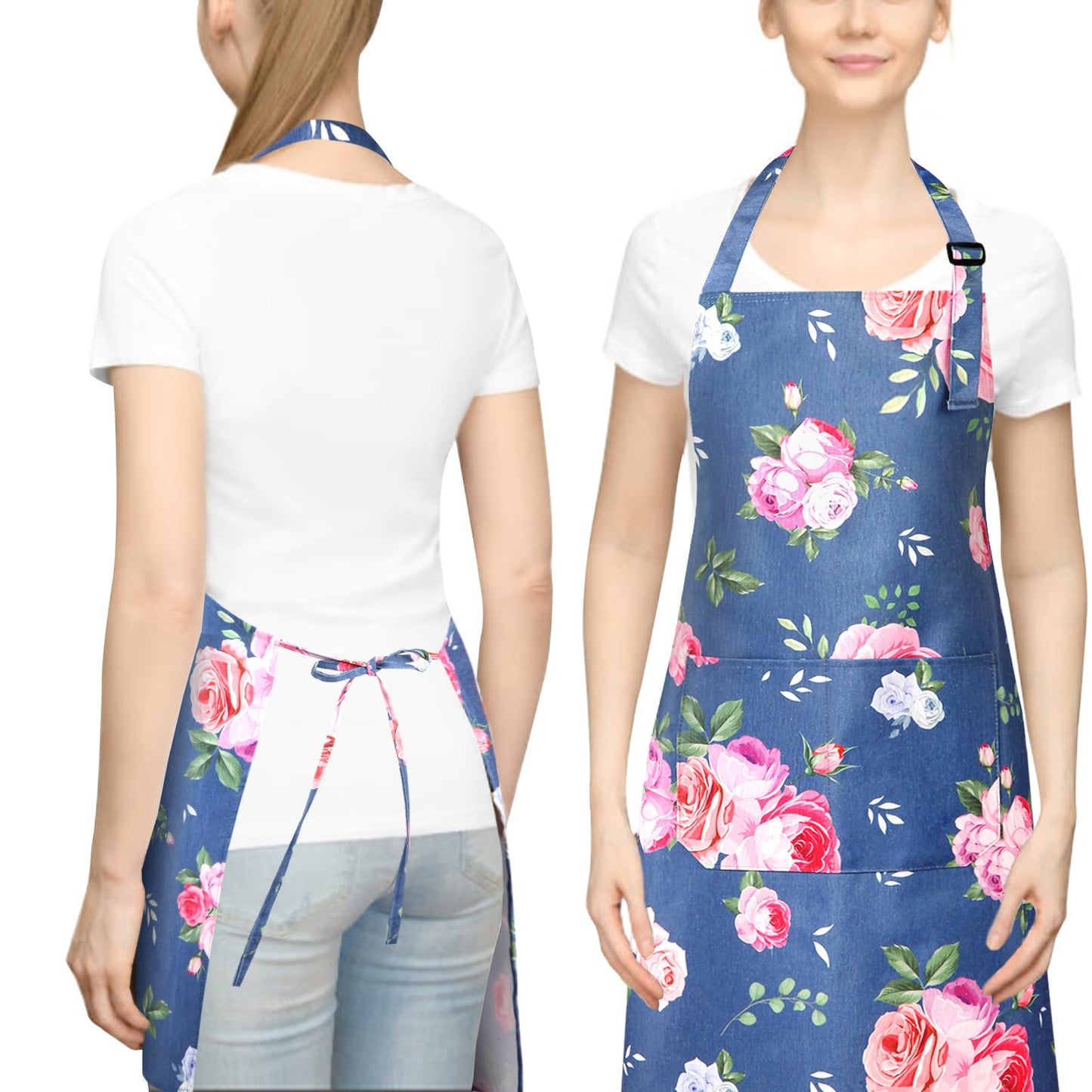 QuQuRuan Floral Apron for Women with Pockets Cotton Canvas Waterproof Apron Cooking Baking Painting Gift (Blue and Red)