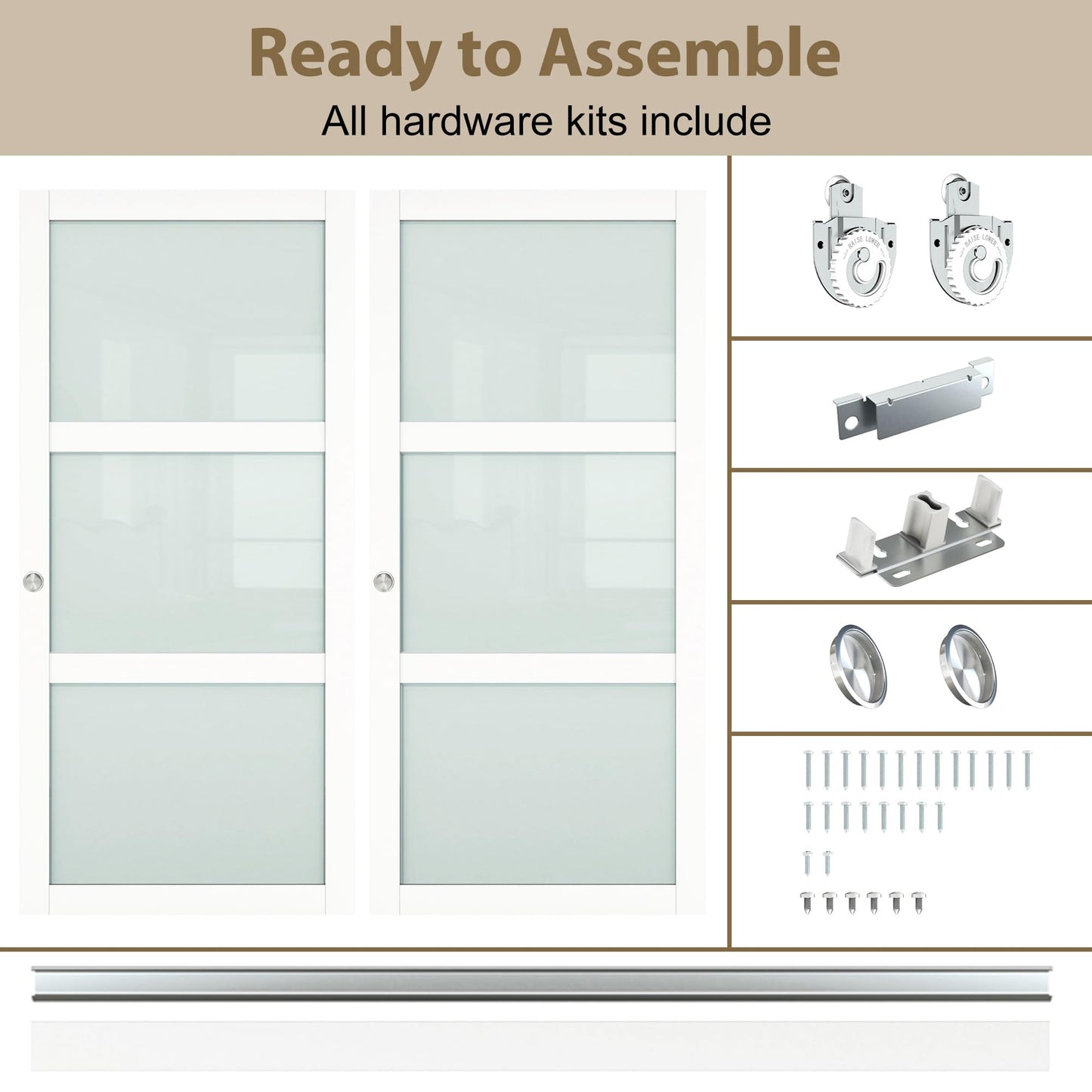 BARNSMITH 72x80 Sliding Closet Door, 3-Panels Preassembled Frosted Glass Door Panel with Hardware Kits & Matching Fascia, MDF Covered with Water-Proof & Anti-Scratch PVC Surface, White