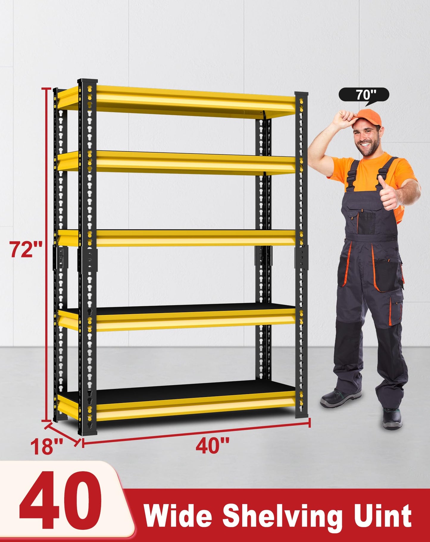SDXYSTCE Garage Shelving Heavy Duty, 2200 Lbs Loads Garage Storage Shelves Heavy Duty, 5-Tier Metal Shelving Units and Storage for Basement, Retiple Tanks,40''Wx18 Dx72 H,Yellow