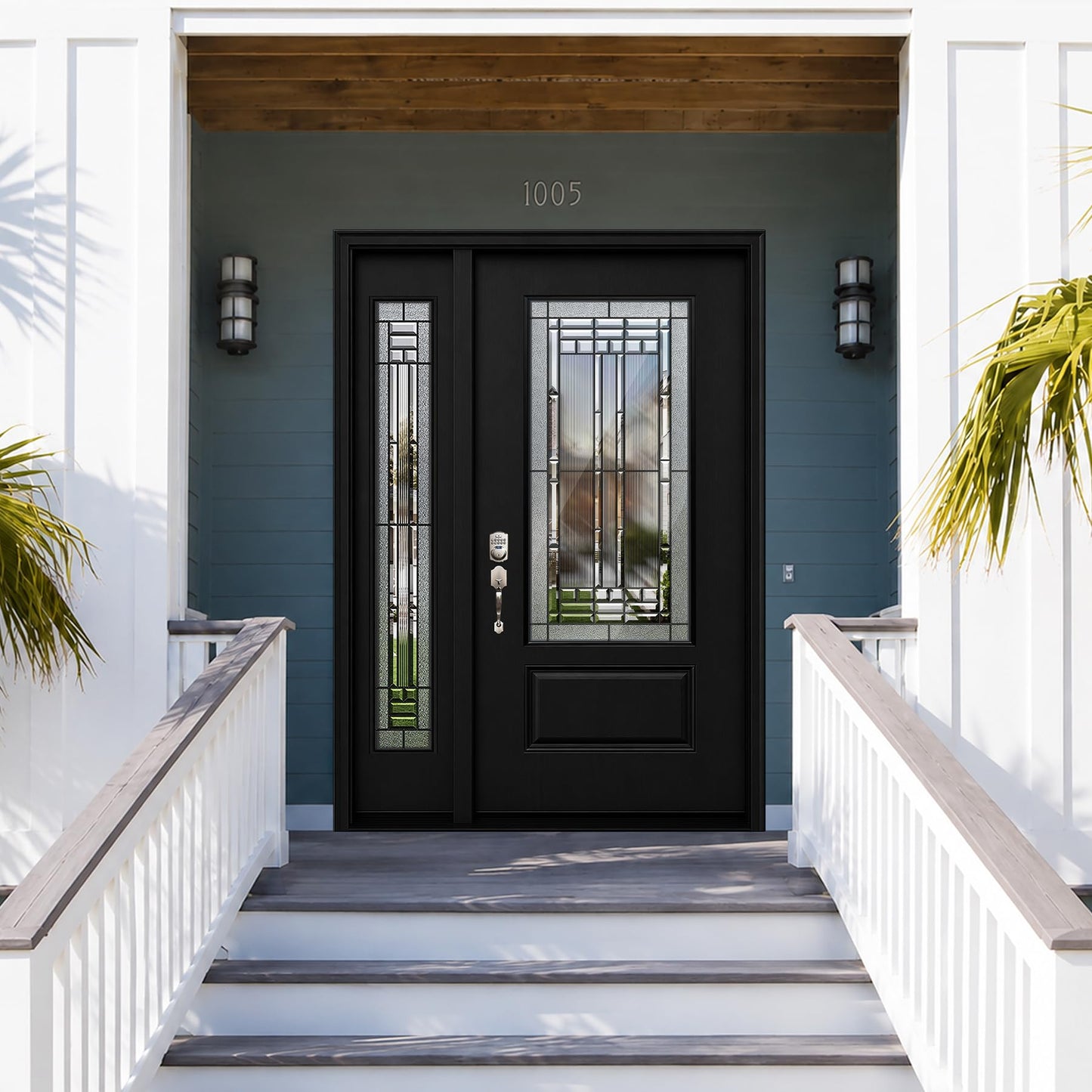 53x80in Fiberglass Front Door with 14in Sidelight, Black Exterior Entry Door for Home, Right-Hand Inswing, Textured Finished with Decorative Glass Knock-Down Door, Vinyl Frame and Brickmould Included