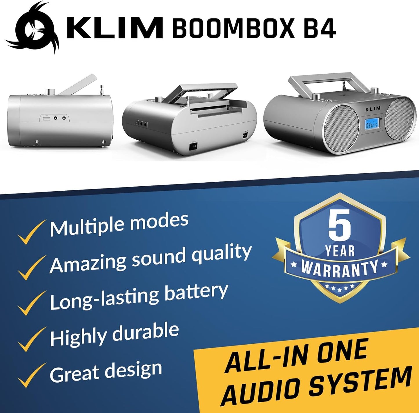 KLIM B4 MP3, Boombox CD Player Portable Audio System - AM/FM Radio with CD Player, Bluetooth, AUX, USB - Wired