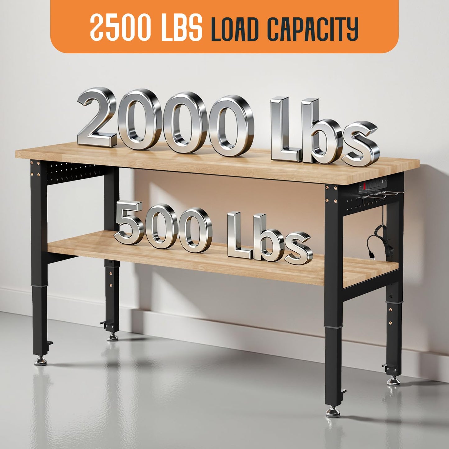 SPECRAFT 48"x20" 2-Tier Adjustable Workbench with 4 AC Outlet and 2 USB Ports Power Outlets, 2500 Lbs Capacity Heavy Duty Workbench, Rubber Wood Top for Garage, Workshop, Office
